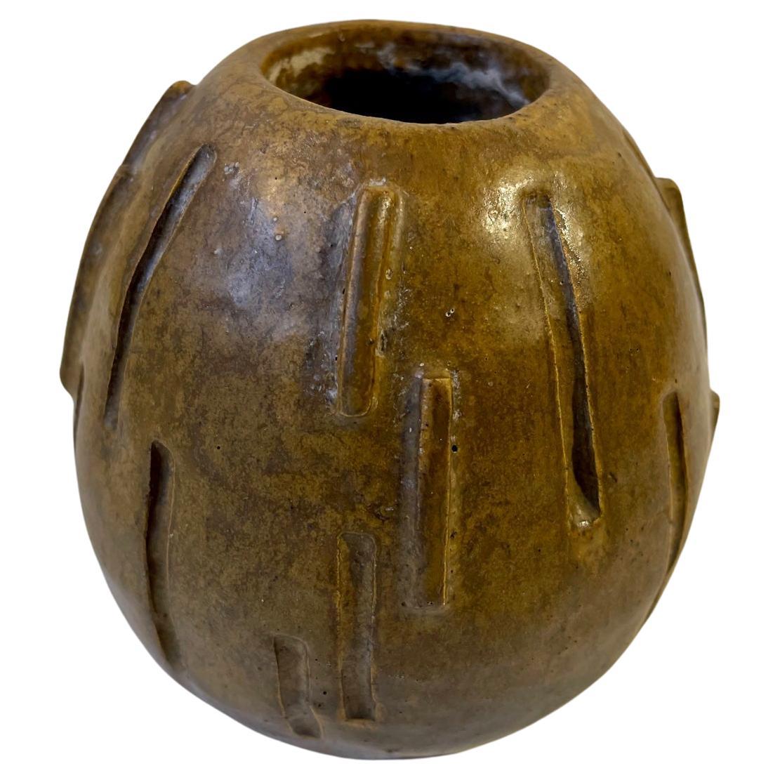 Scandinavian Brutalist Vase in Glazed Stoneware, Signed, 1970