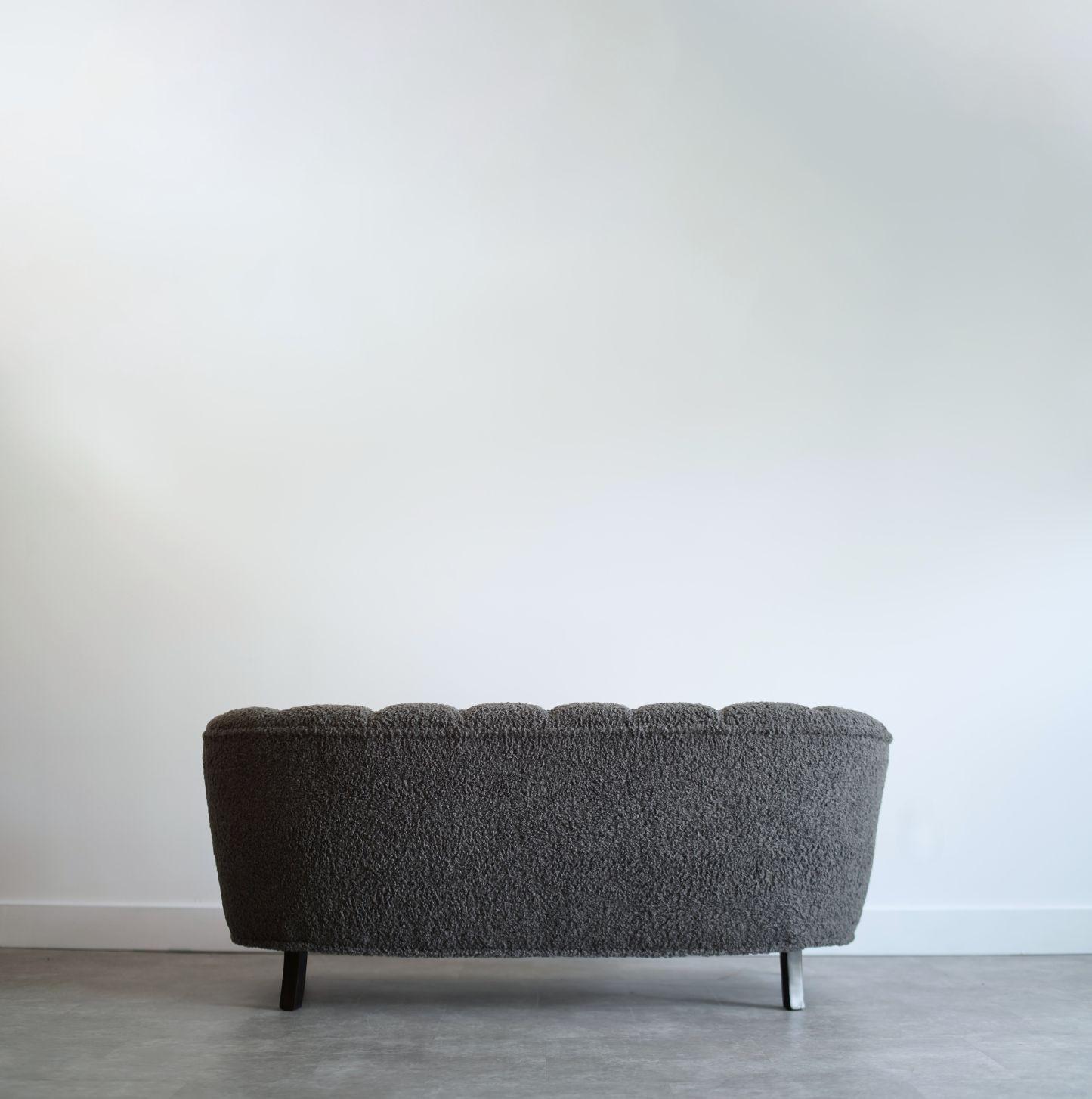Swedish Scandinavian Cabinetmaker Loveseat in Charcoal Bouclé, Sweden, C. 1940s For Sale