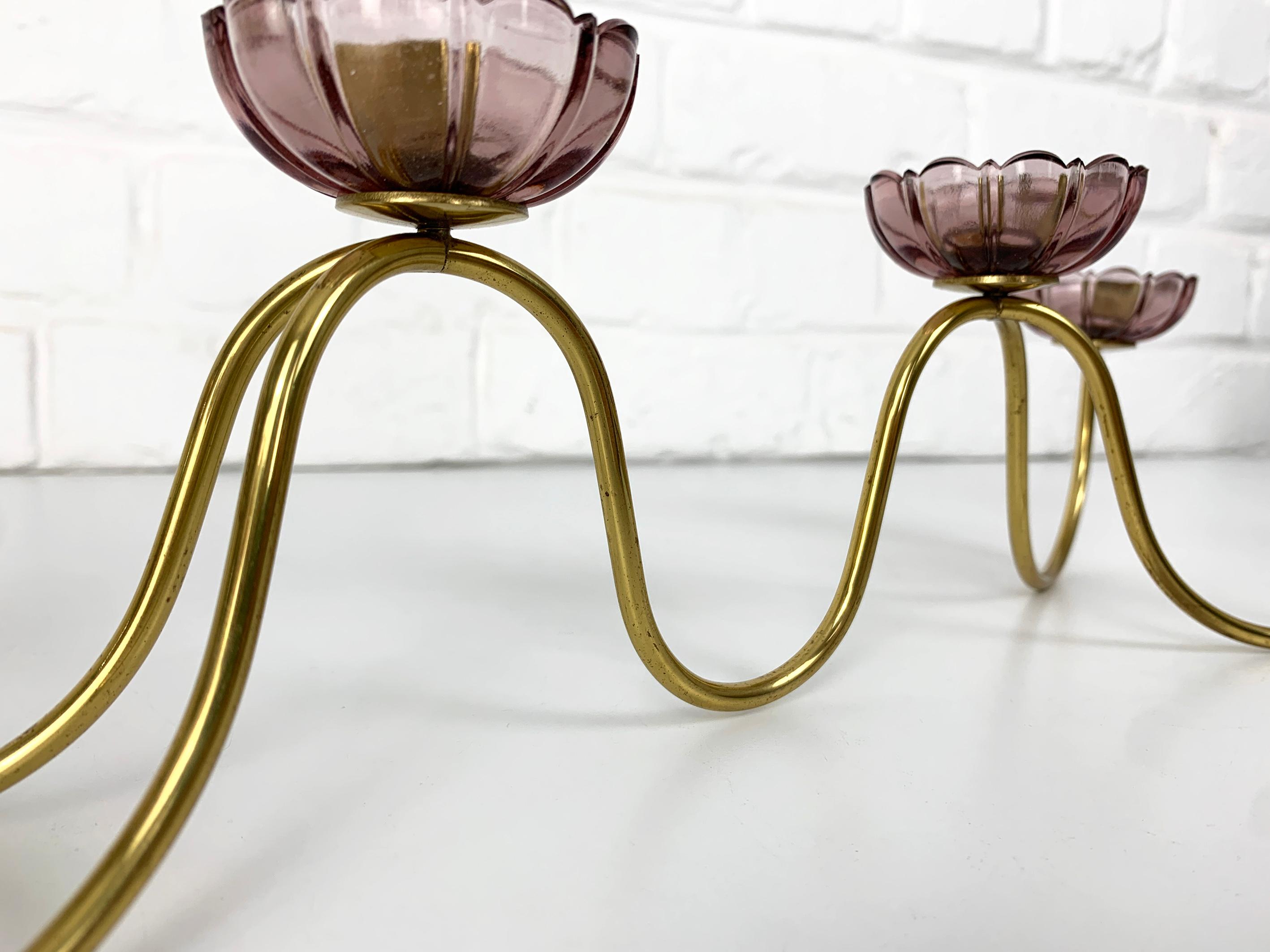 Scandinavian Candelabra in Brass & Glass, Gunnar Ander Ystad Metal Sweden 50-60s For Sale 2