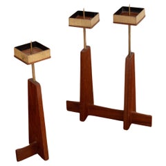 Scandinavian Candle Holders in Teak and Brass, Mid-Century Design