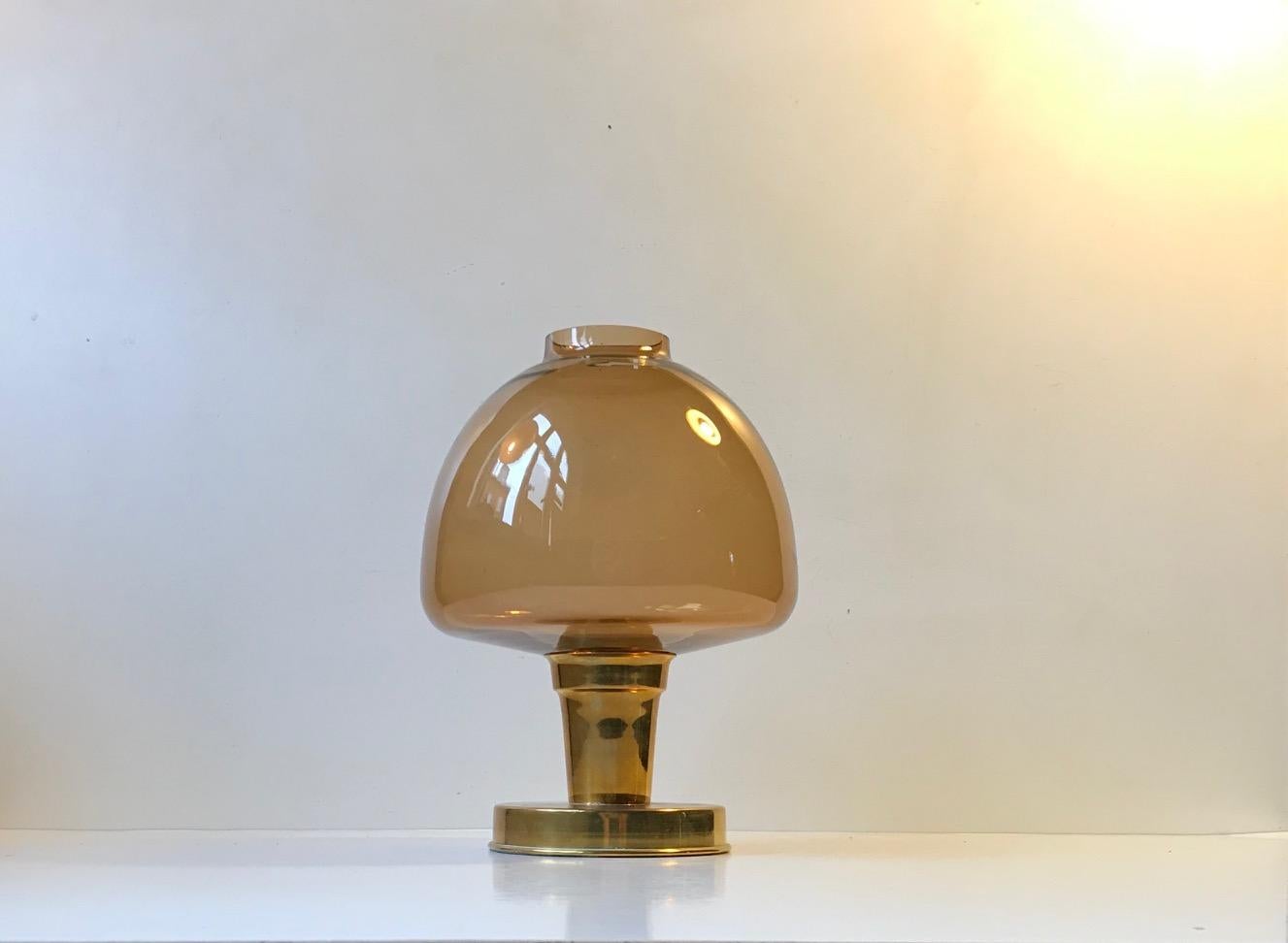Candle lamp composed of patinated brass and brown toned smoke glass. Anonymous Scandinavian maker in the style of Hans Agne Jakobsson - Markaryd AB.