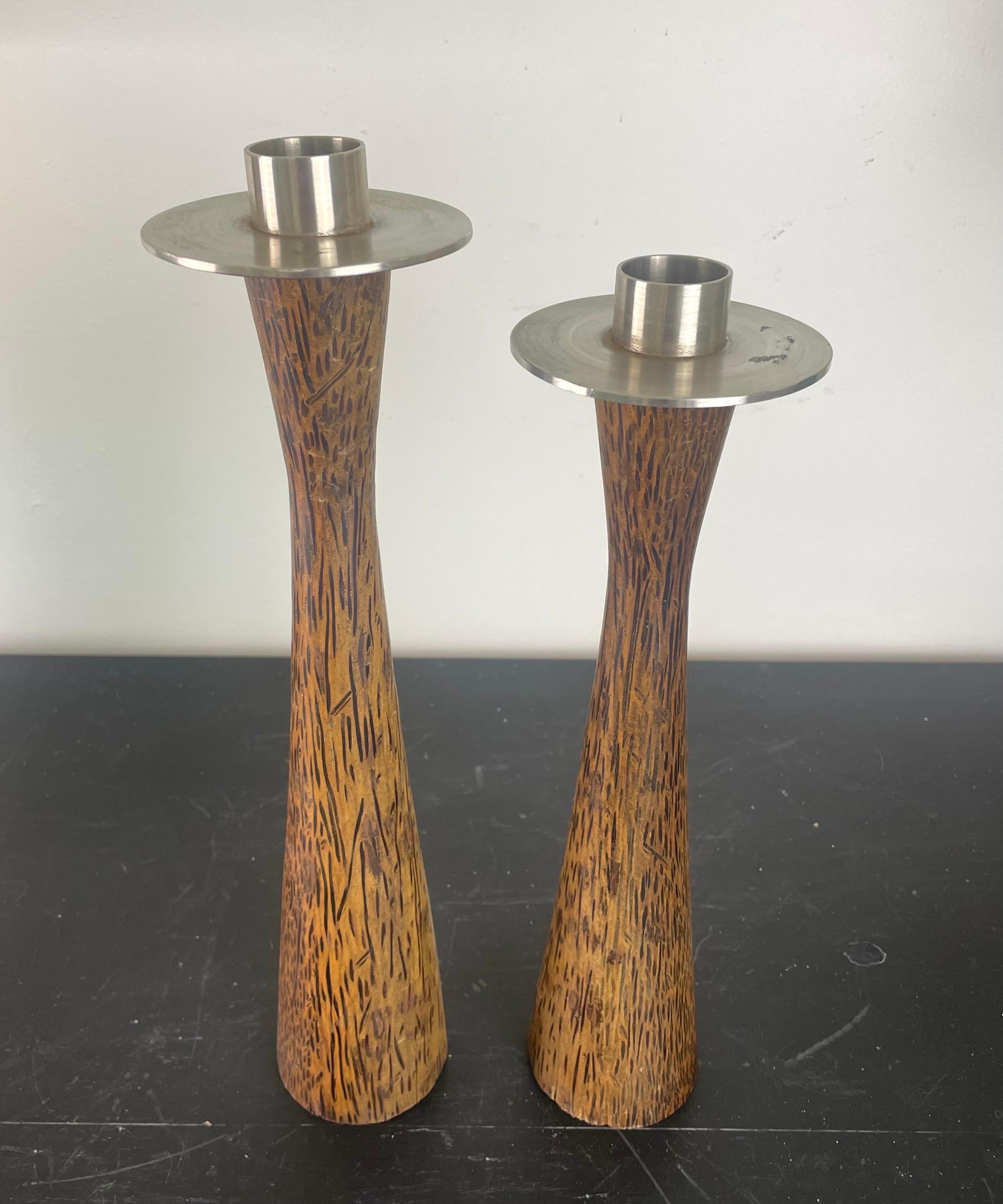 Mid-Century Modern Scandinavian candlesticks in turned teak wood - Denmark or Sweden For Sale