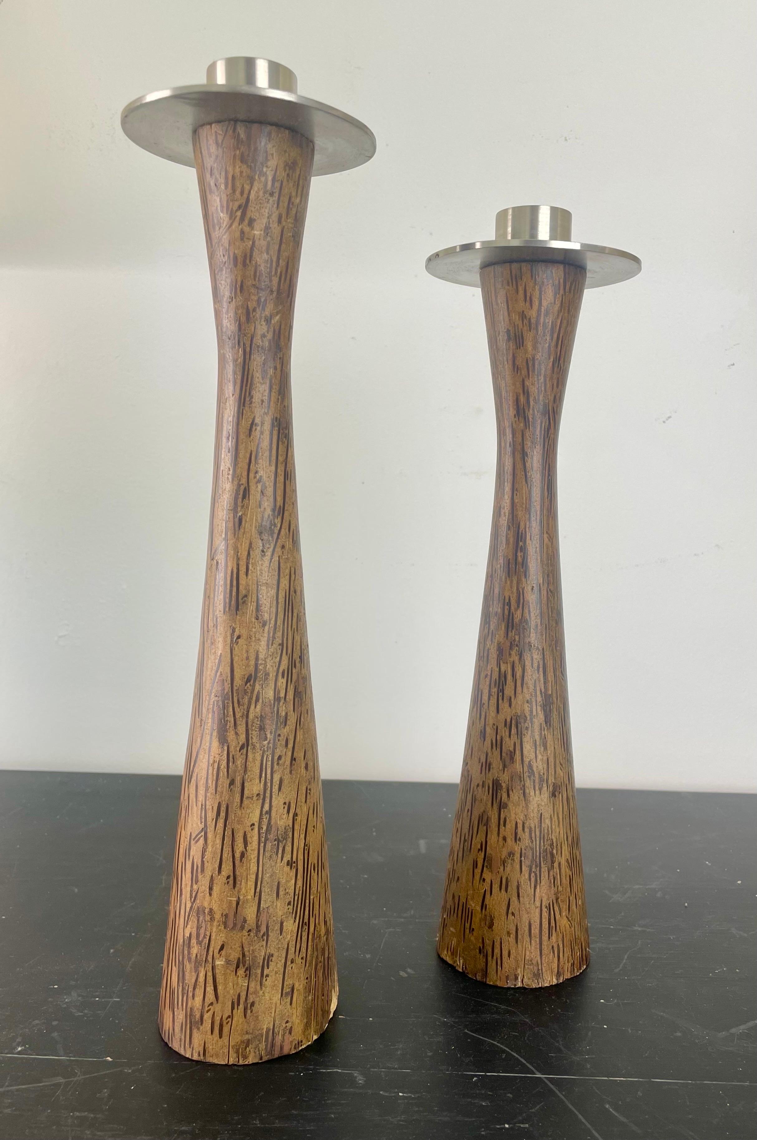 20th Century Scandinavian candlesticks in turned teak wood - Denmark or Sweden For Sale