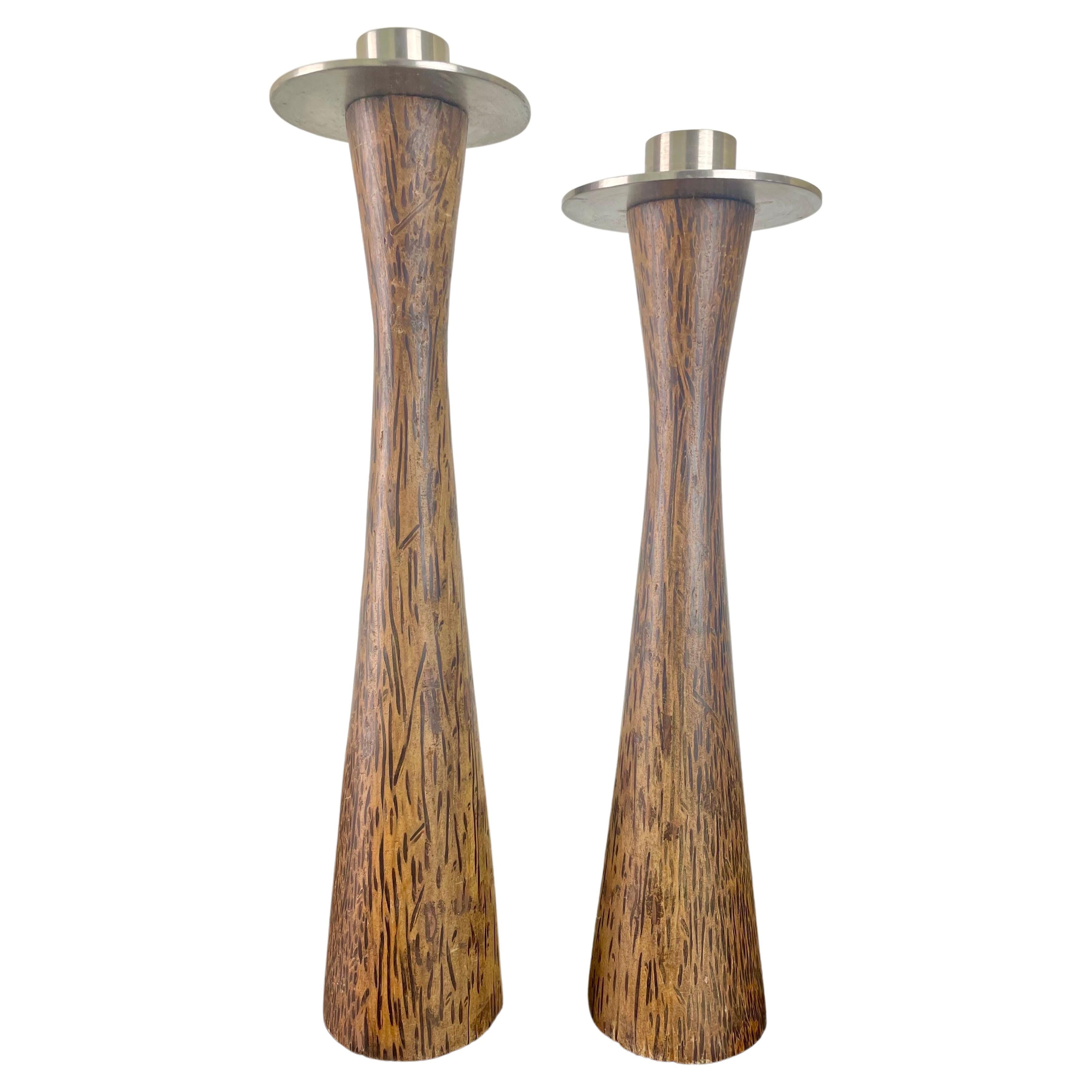 Scandinavian candlesticks in turned teak wood - Denmark or Sweden For Sale
