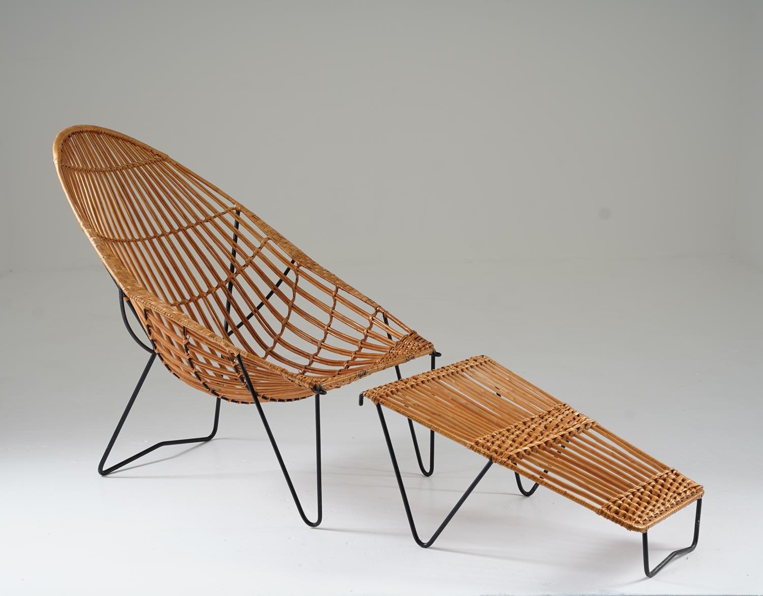 Mid-Century Modern Scandinavian Cane and Metal Lounge Chair, 1950s For Sale