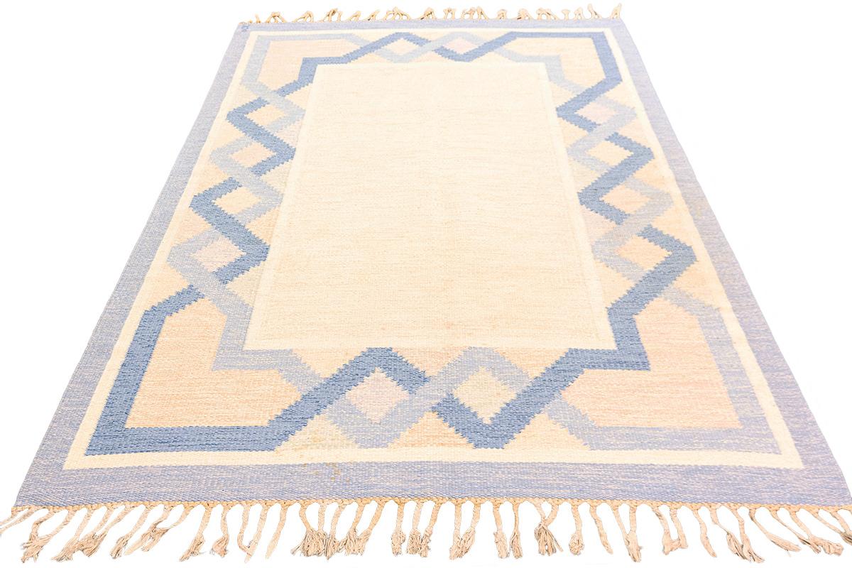 Hand-Woven Scandinavian Carpet Rollakan Swedish Minimalist Design Soft Color Palette For Sale