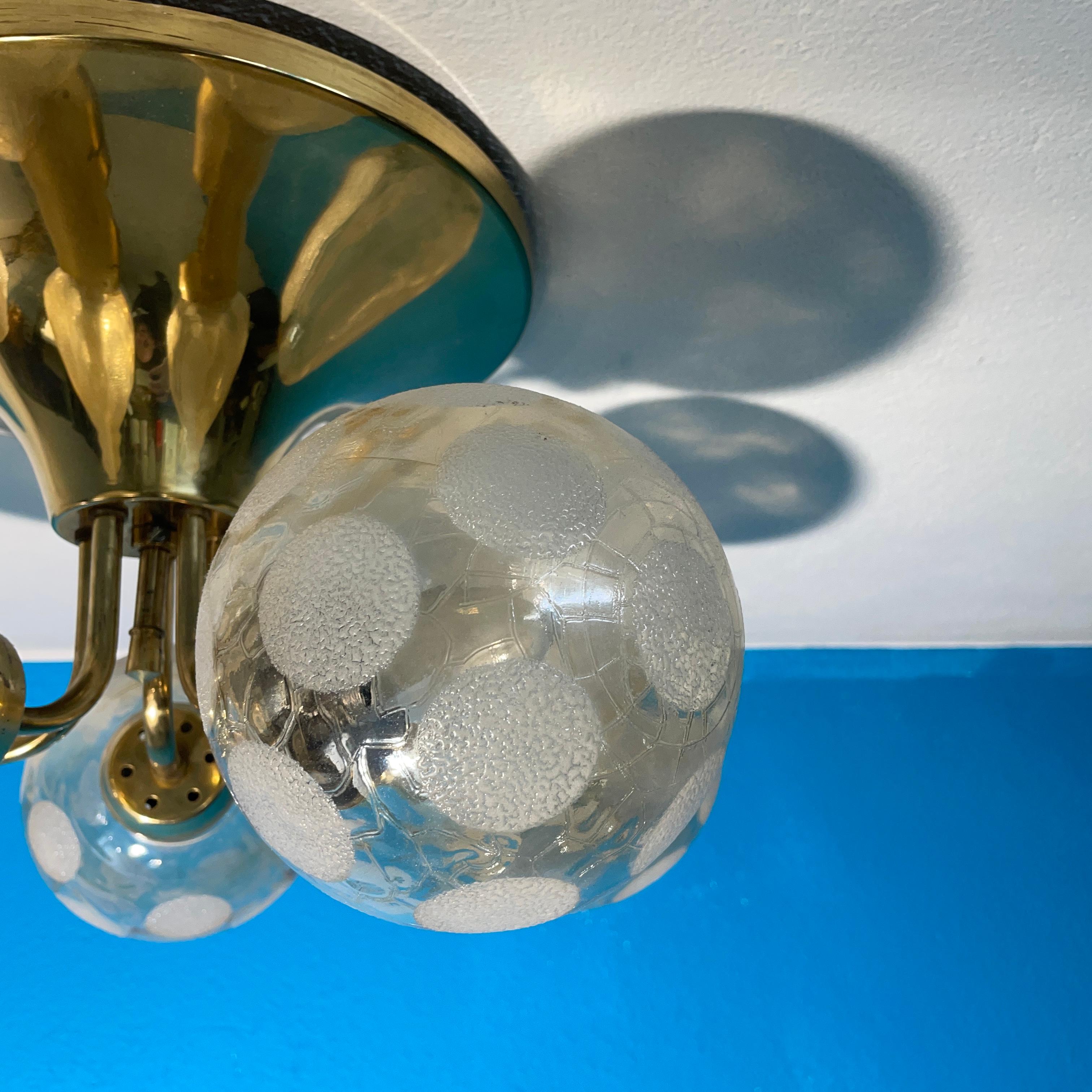 Scandinavian Ceiling Lamp, Brass and Blown Glass. Made in Finland 4