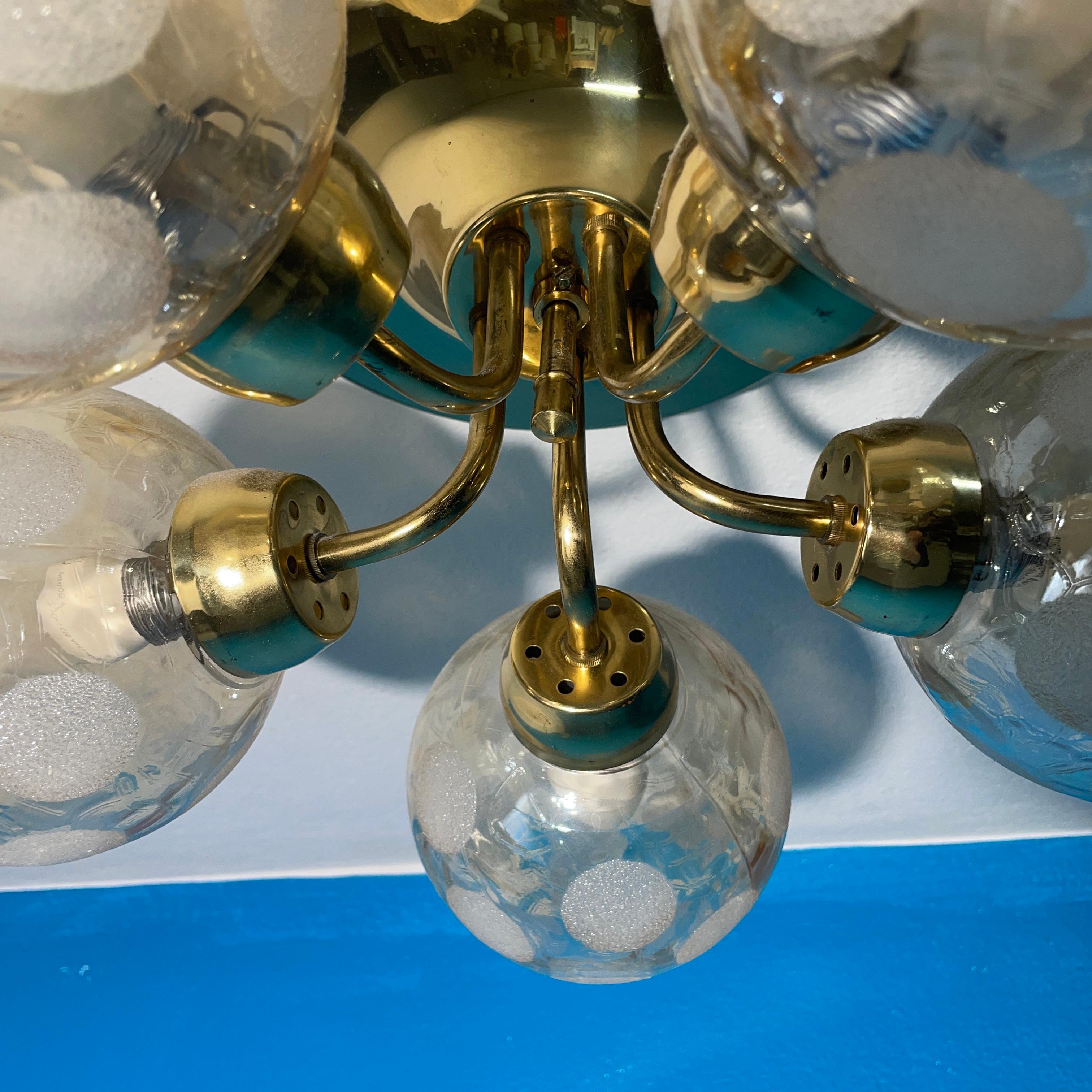 Scandinavian Ceiling Lamp, Brass and Blown Glass. Made in Finland 5