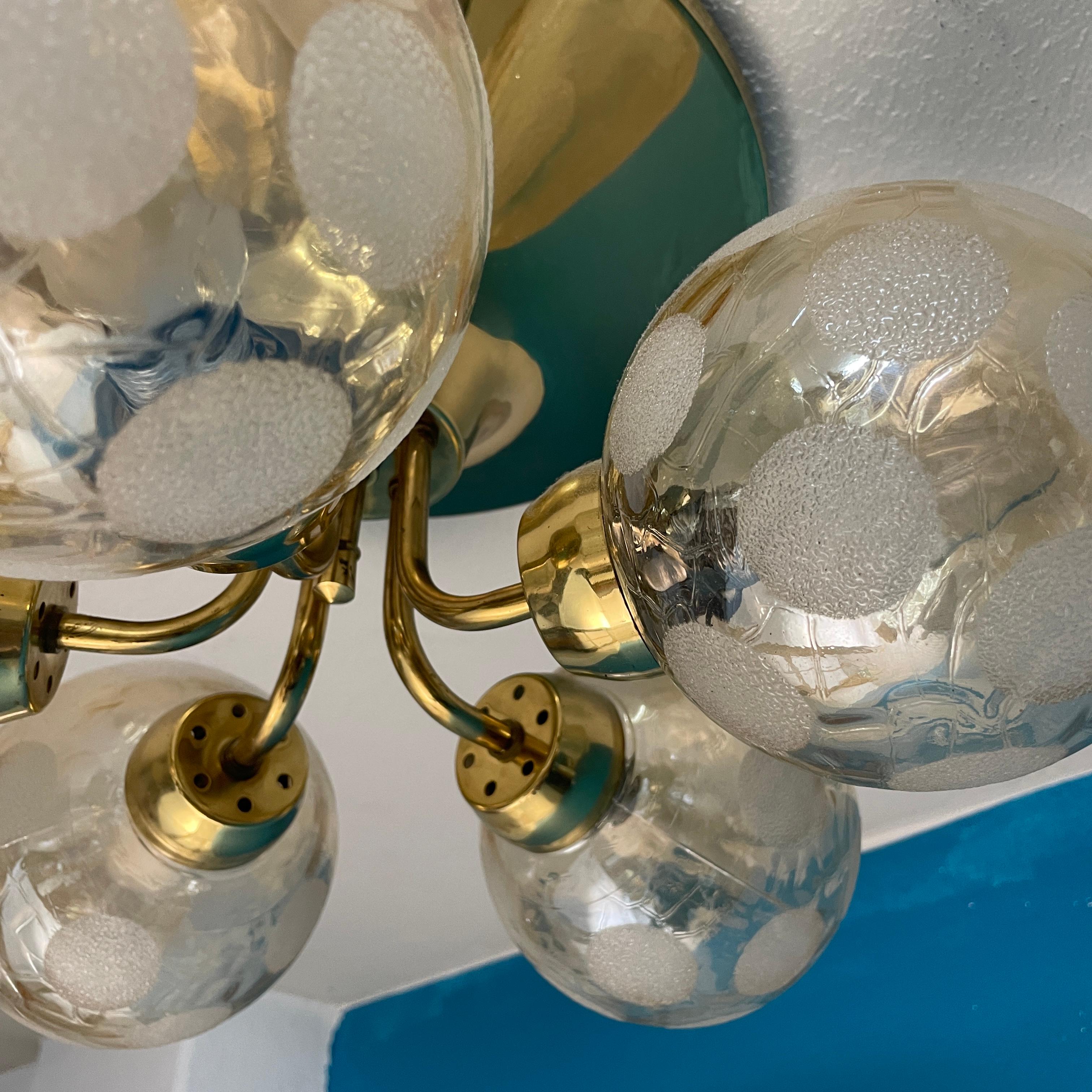 Scandinavian Ceiling Lamp, Brass and Blown Glass. Made in Finland 7