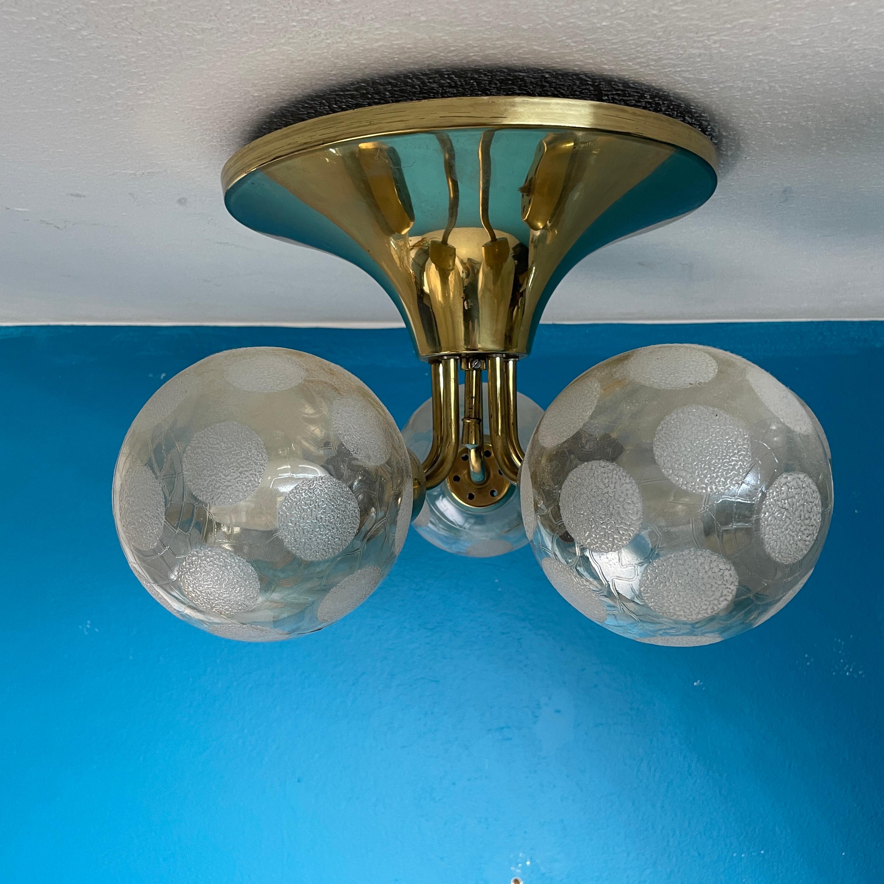 Scandinavian Modern Scandinavian Ceiling Lamp, Brass and Blown Glass. Made in Finland