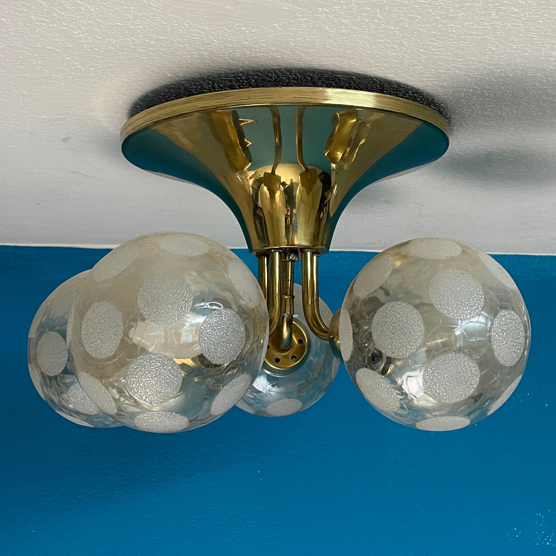 Finnish Scandinavian Ceiling Lamp, Brass and Blown Glass. Made in Finland