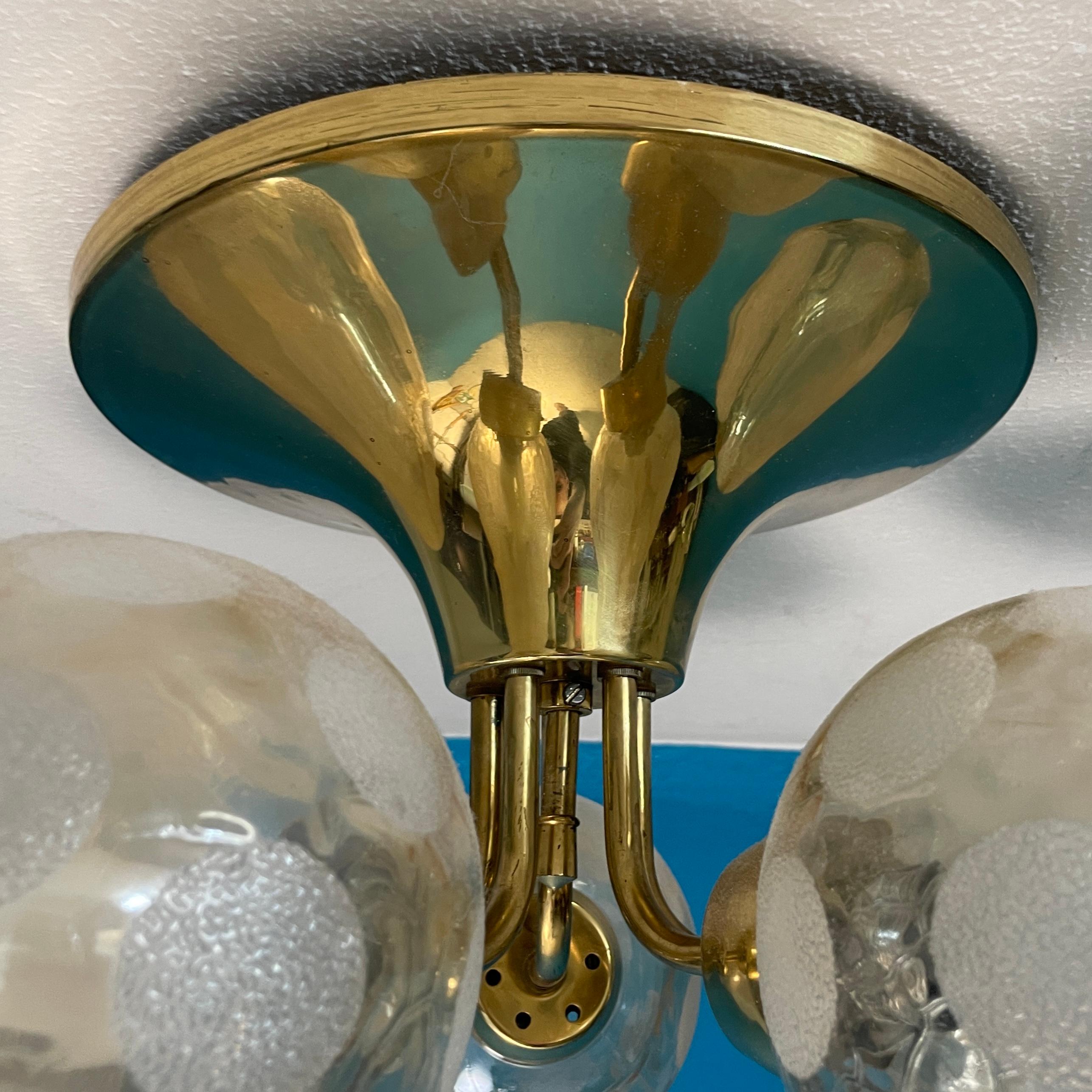 Scandinavian Ceiling Lamp, Brass and Blown Glass. Made in Finland In Good Condition In Turku, FI