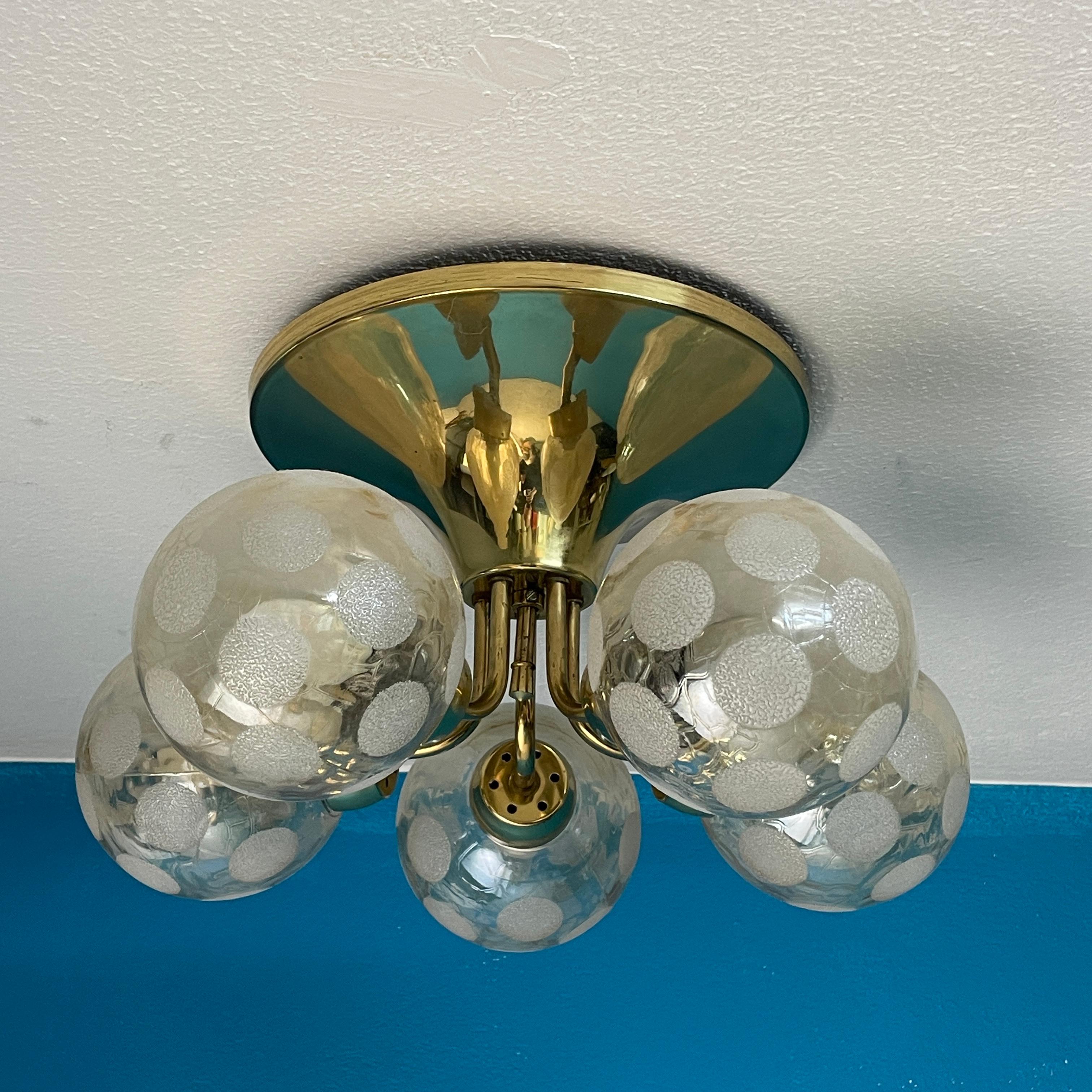 20th Century Scandinavian Ceiling Lamp, Brass and Blown Glass. Made in Finland