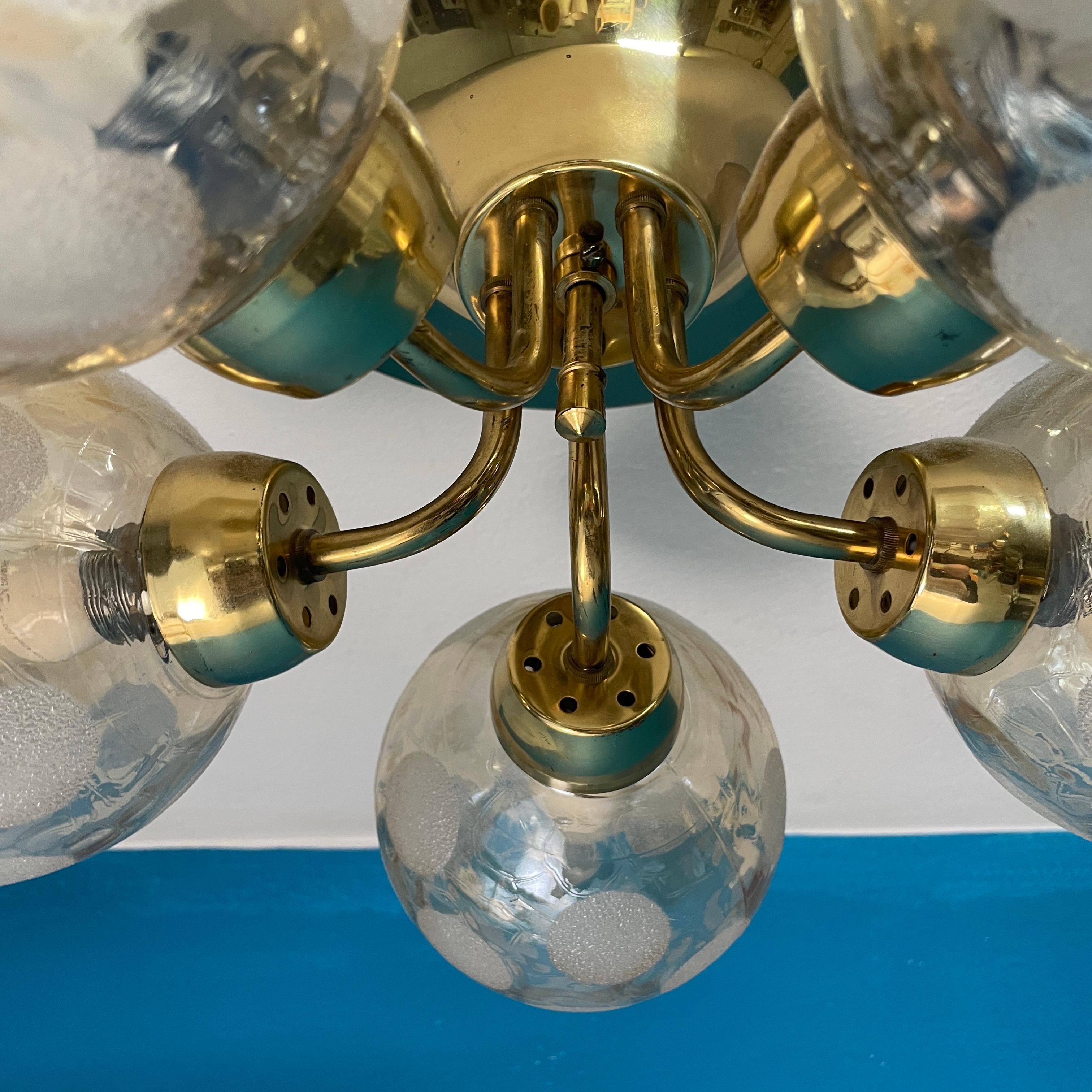 Scandinavian Ceiling Lamp, Brass and Blown Glass. Made in Finland 1