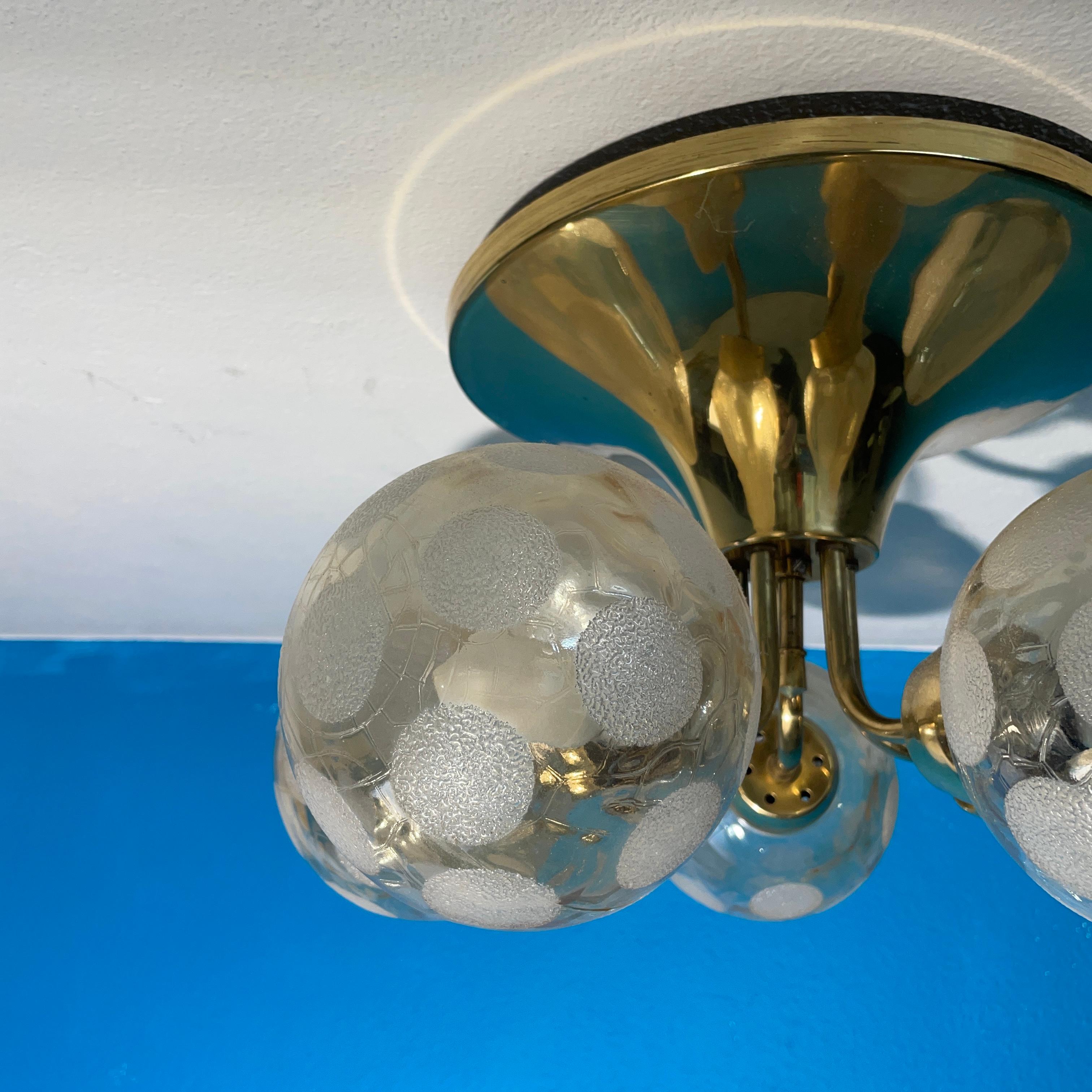 Scandinavian Ceiling Lamp, Brass and Blown Glass. Made in Finland 3