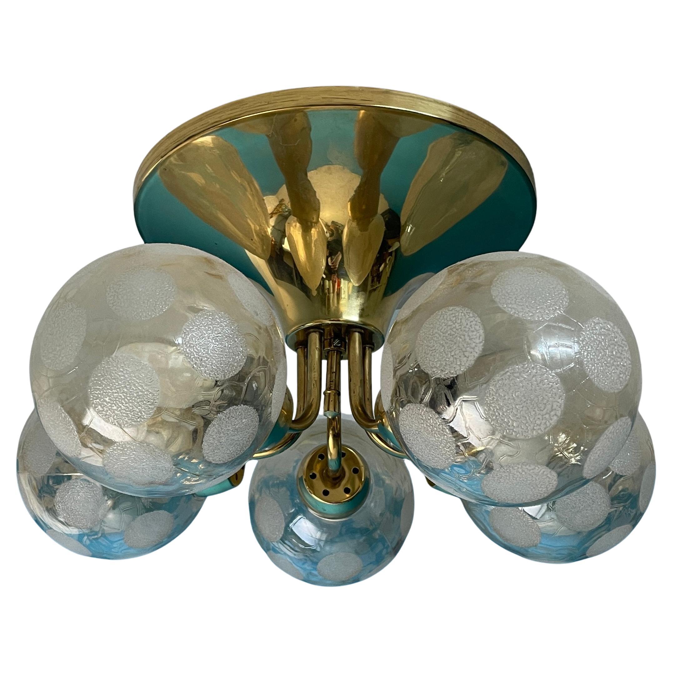 Scandinavian Ceiling Lamp, Brass and Blown Glass. Made in Finland