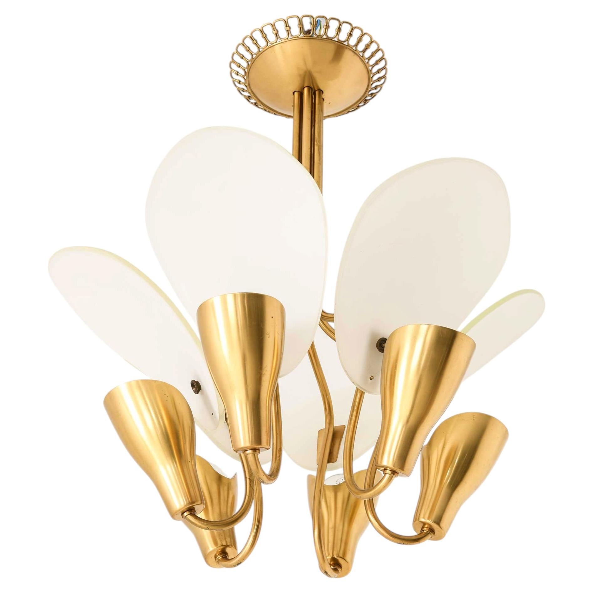 Scandinavian Ceiling Lamp in Opaline Glass & Brass by Carl Fagerlund, 1950s For Sale