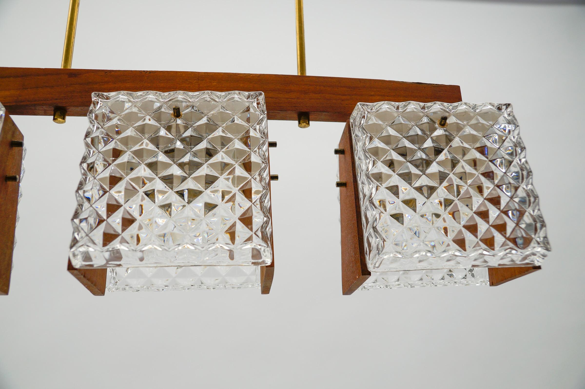 Scandinavian Ceiling Lamp Made in Teak, Crystal Glass and Brass, 1960s, 1960s For Sale 5