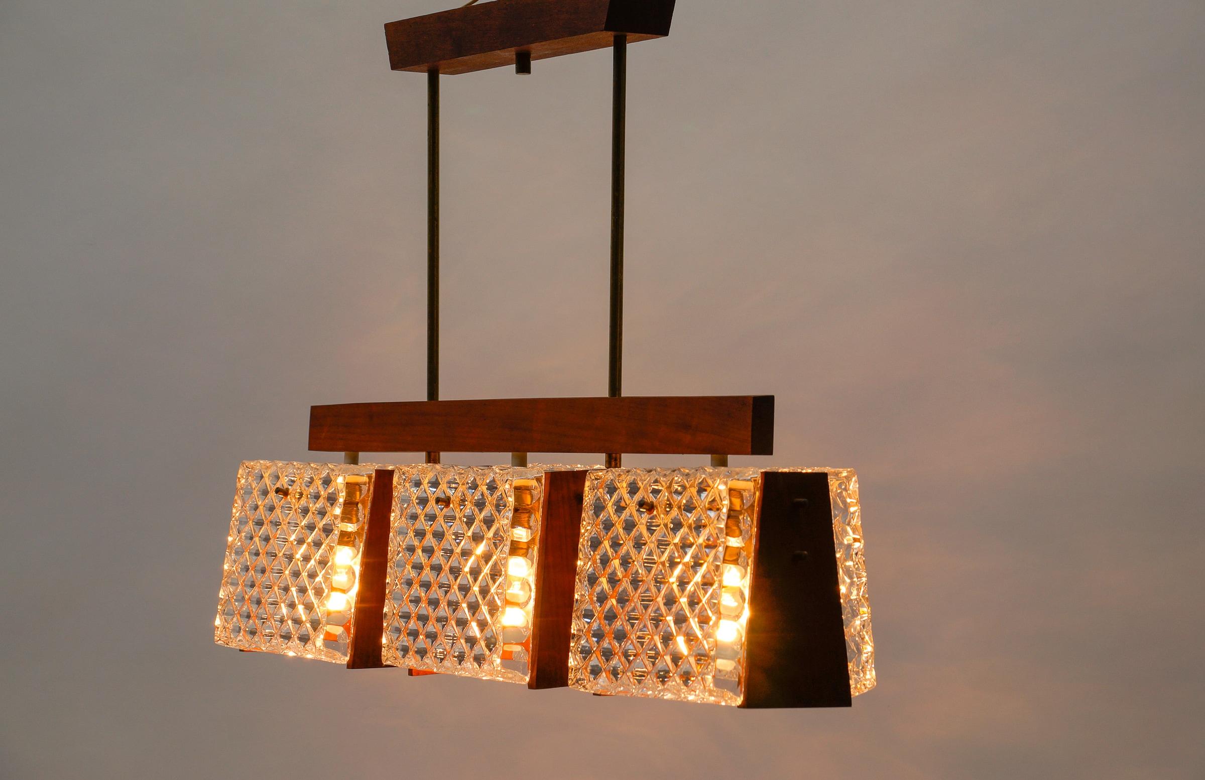 Mid-20th Century Scandinavian Ceiling Lamp Made in Teak, Crystal Glass and Brass, 1960s, 1960s For Sale