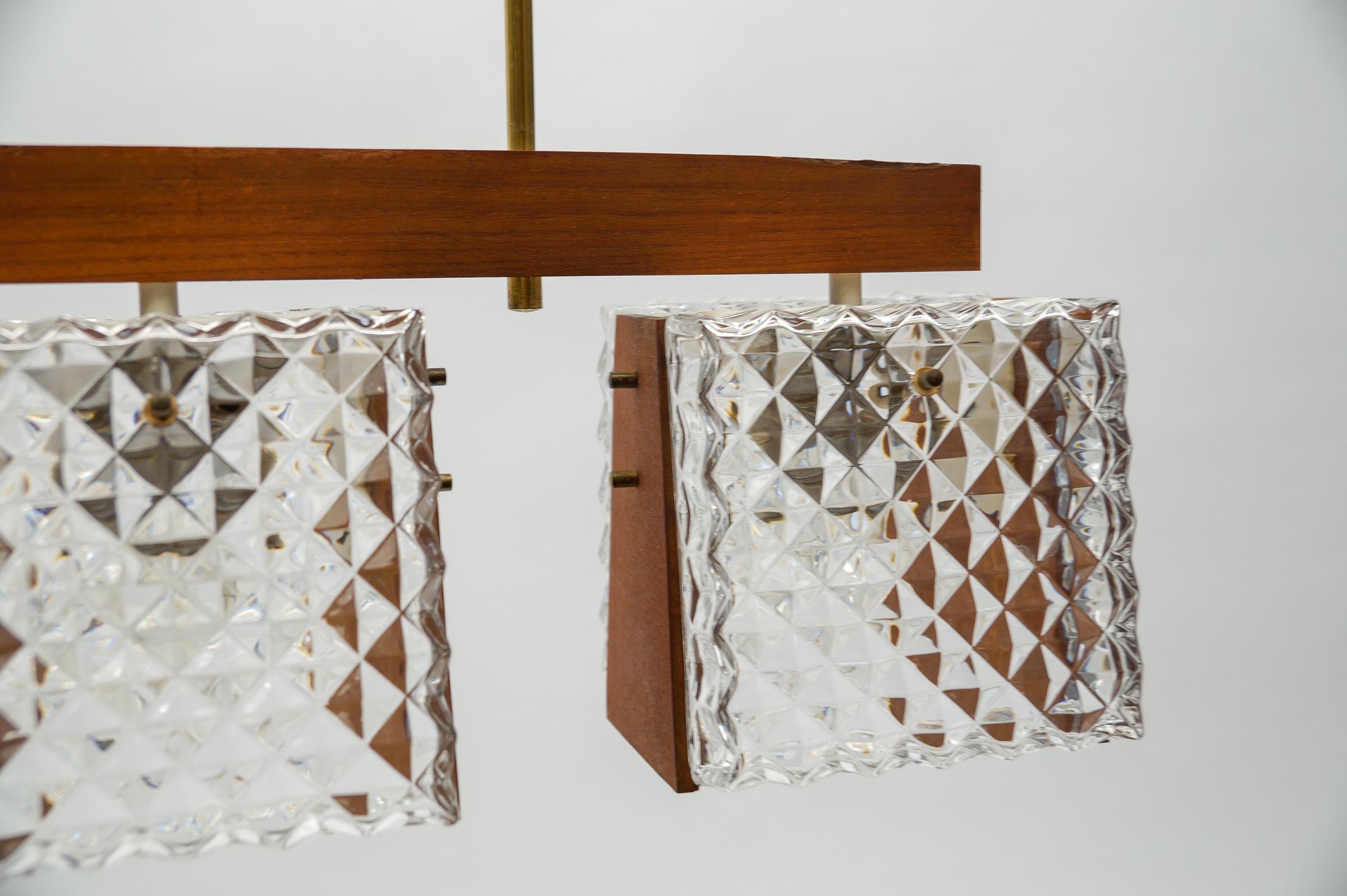 Metal Scandinavian Ceiling Lamp Made in Teak, Crystal Glass and Brass, 1960s, 1960s For Sale