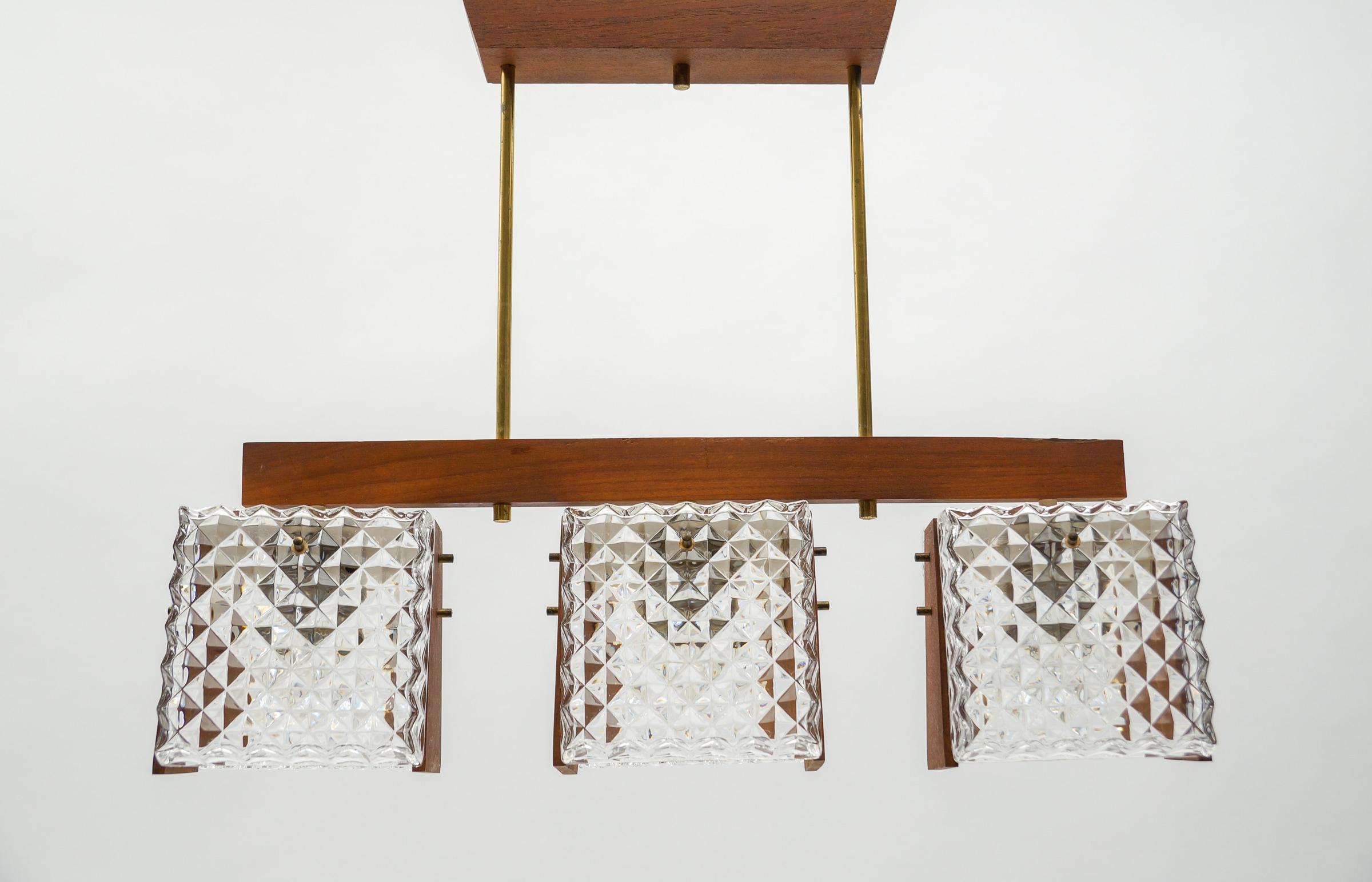 Scandinavian Ceiling Lamp Made in Teak, Crystal Glass and Brass, 1960s, 1960s For Sale 2