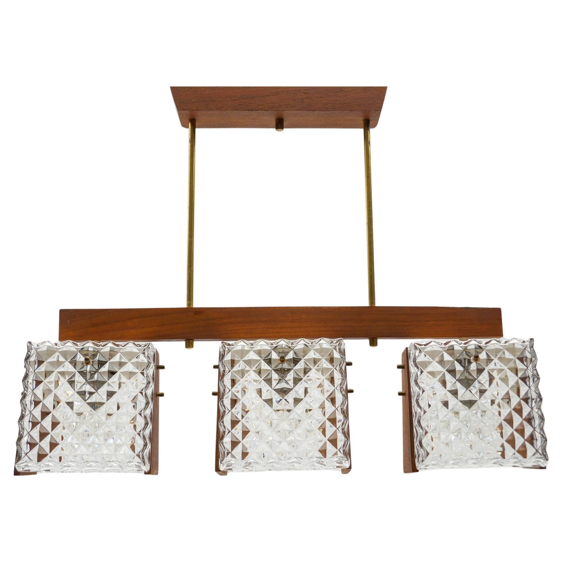 Scandinavian Ceiling Lamp Made in Teak, Crystal Glass and Brass, 1960s, 1960s For Sale