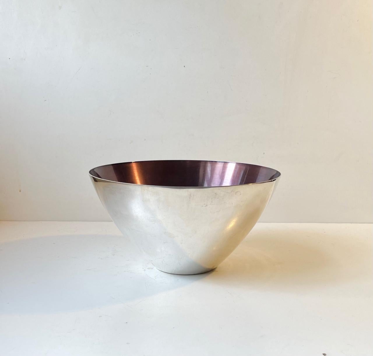 Danish Scandinavian Centerpiece Bowl in Silver Plate & Purple Enamel, 1950s For Sale
