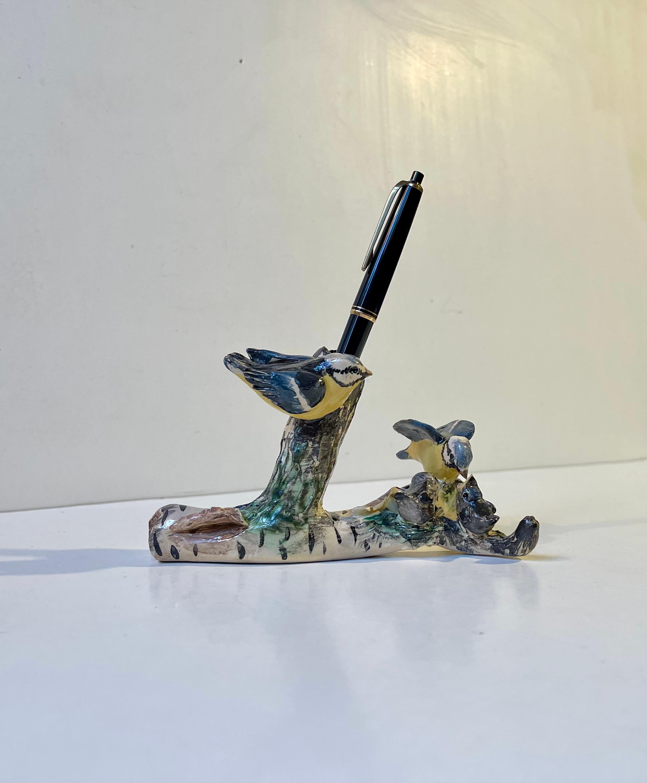 Folk Art Scandinavian Ceramic Microcosmos Pen-Holder w. Blue Tits on a Birch Branch For Sale