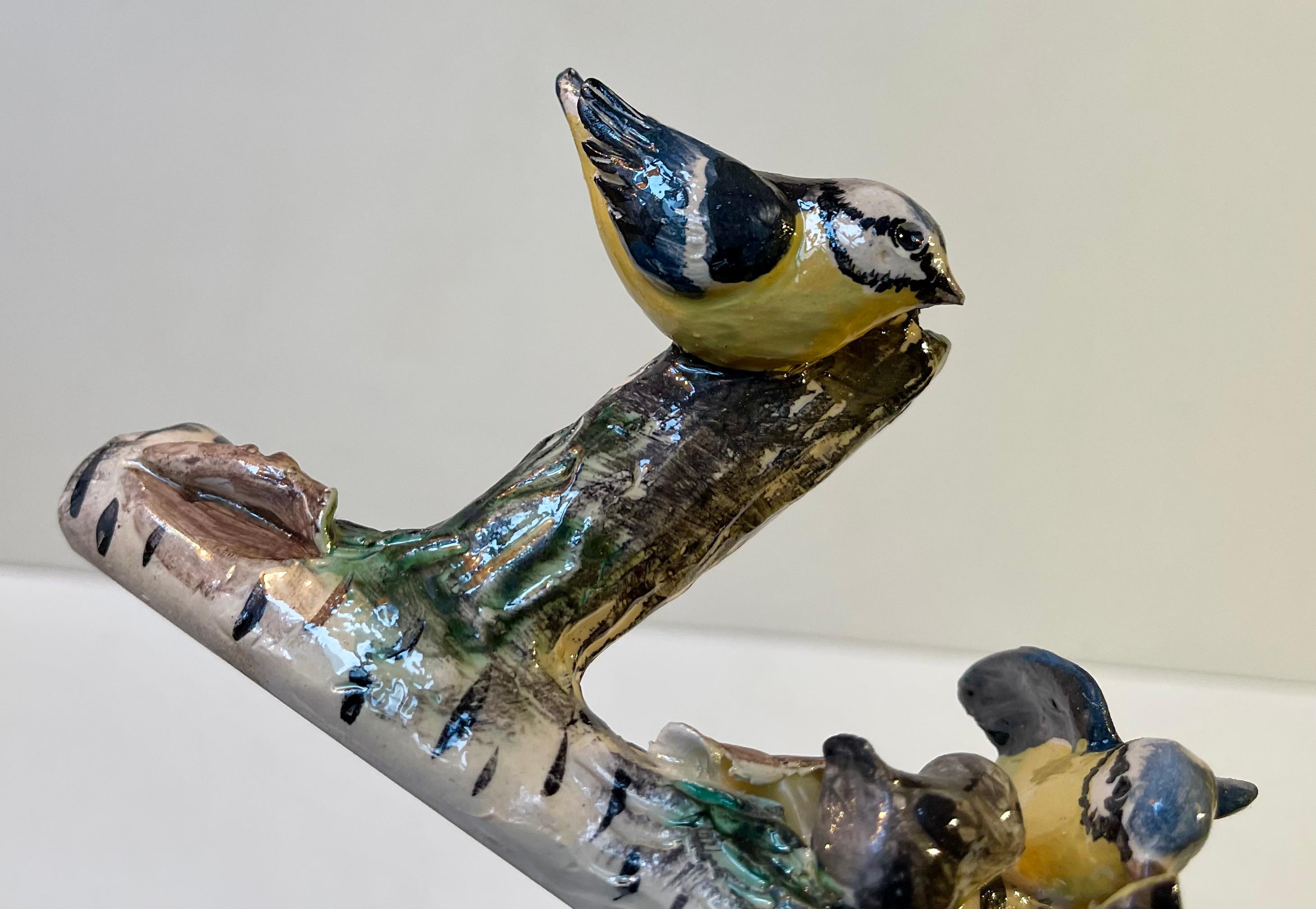 Glazed Scandinavian Ceramic Microcosmos Pen-Holder w. Blue Tits on a Birch Branch For Sale