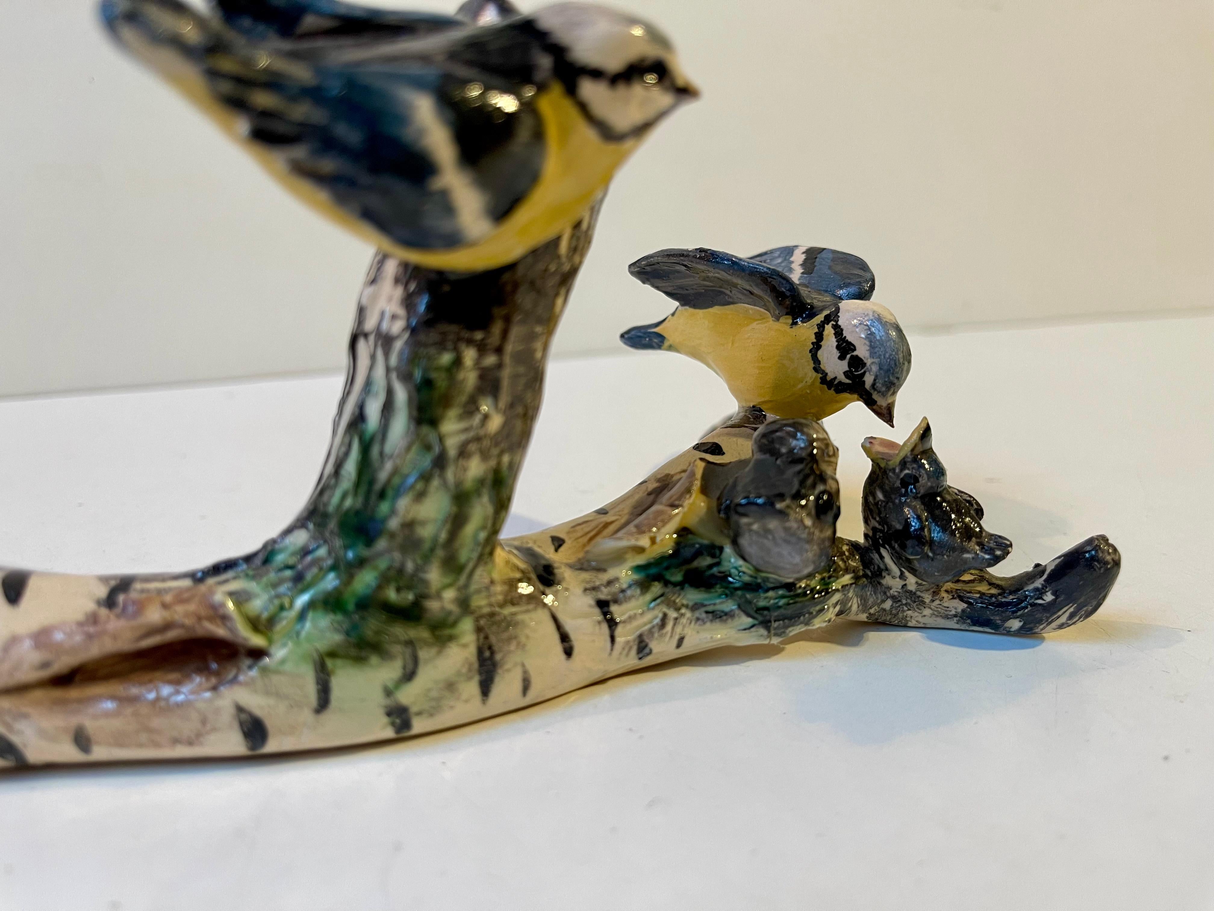 20th Century Scandinavian Ceramic Microcosmos Pen-Holder w. Blue Tits on a Birch Branch For Sale