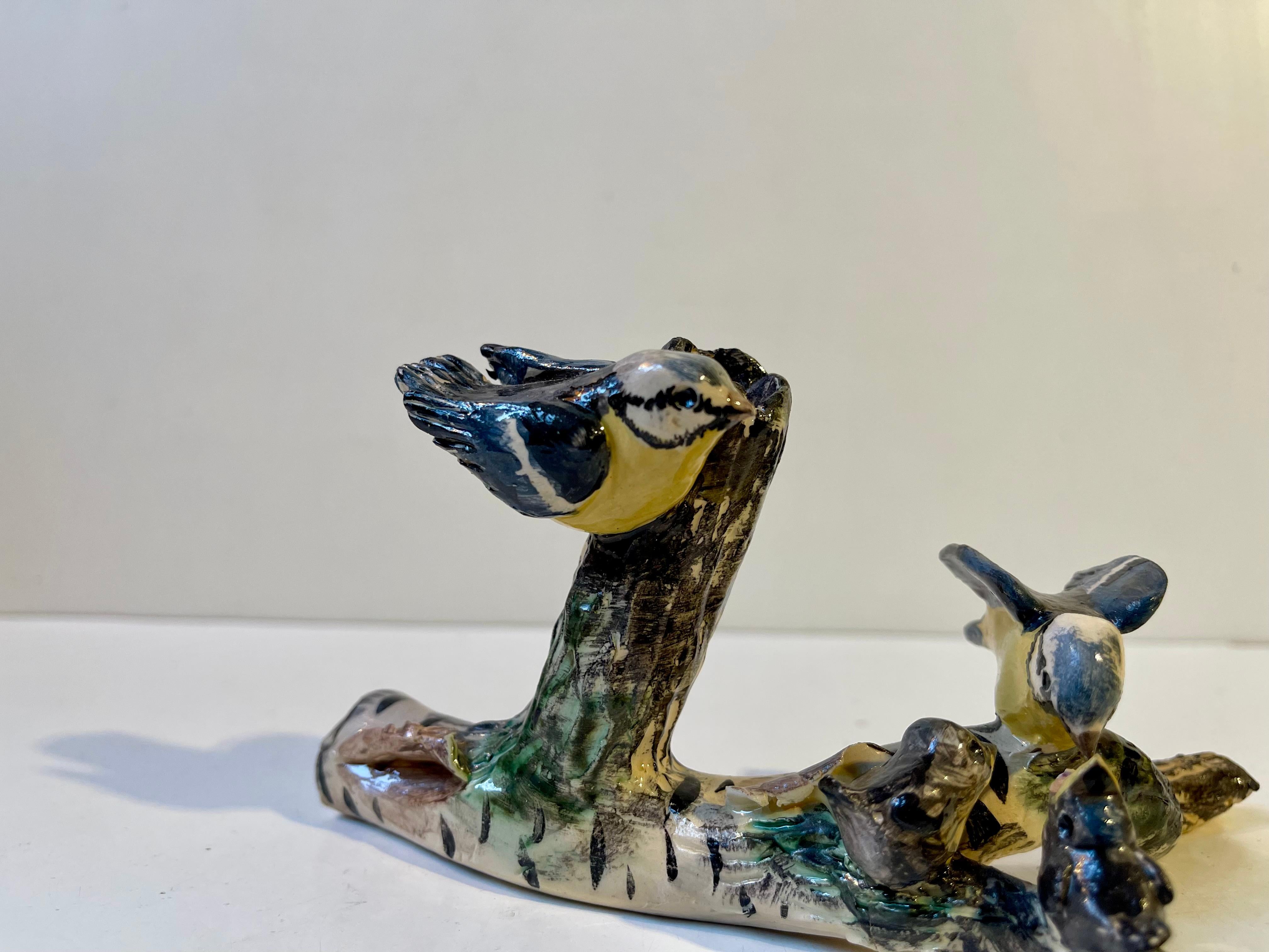 Scandinavian Ceramic Microcosmos Pen-Holder w. Blue Tits on a Birch Branch For Sale 1