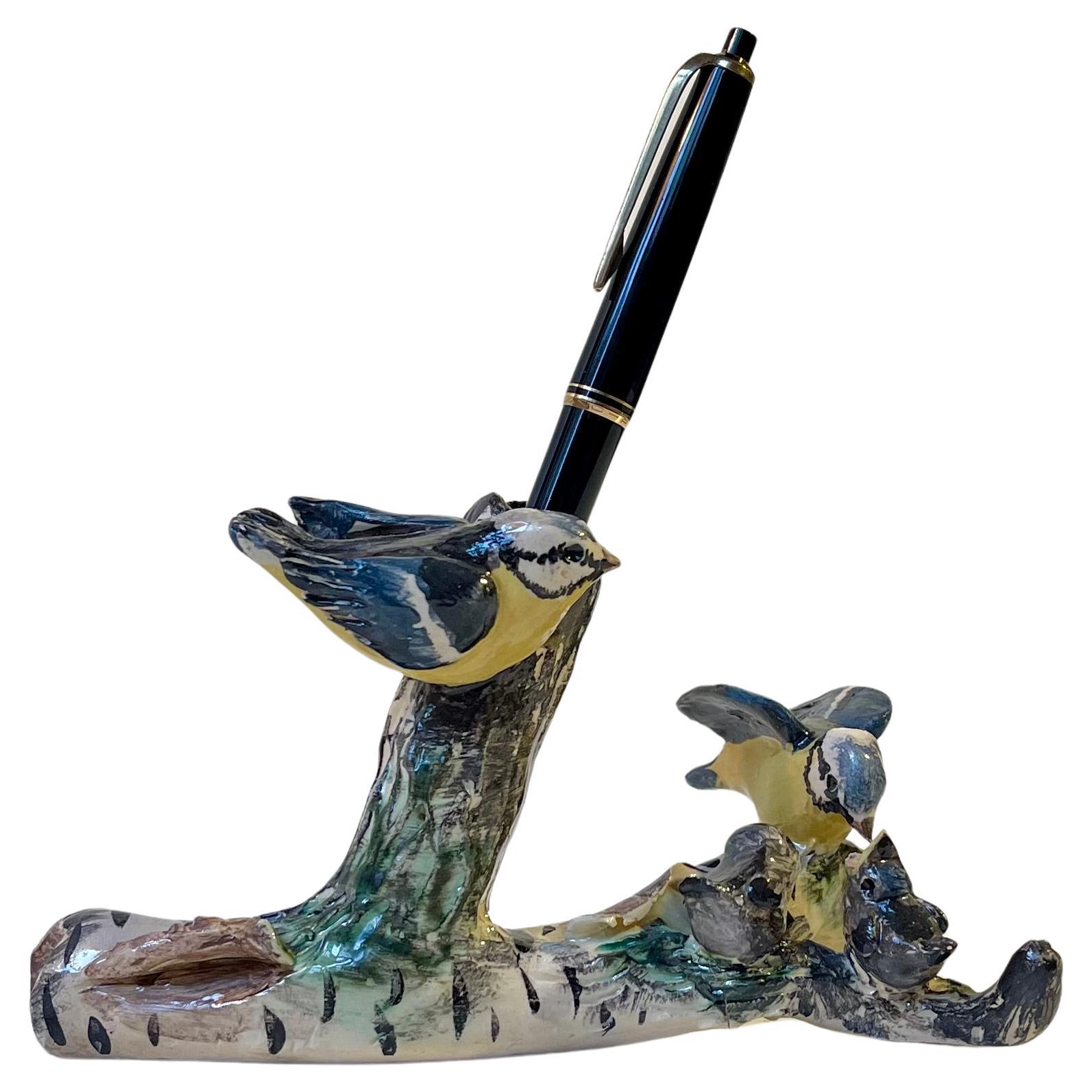 Scandinavian Ceramic Microcosmos Pen-Holder w. Blue Tits on a Birch Branch For Sale