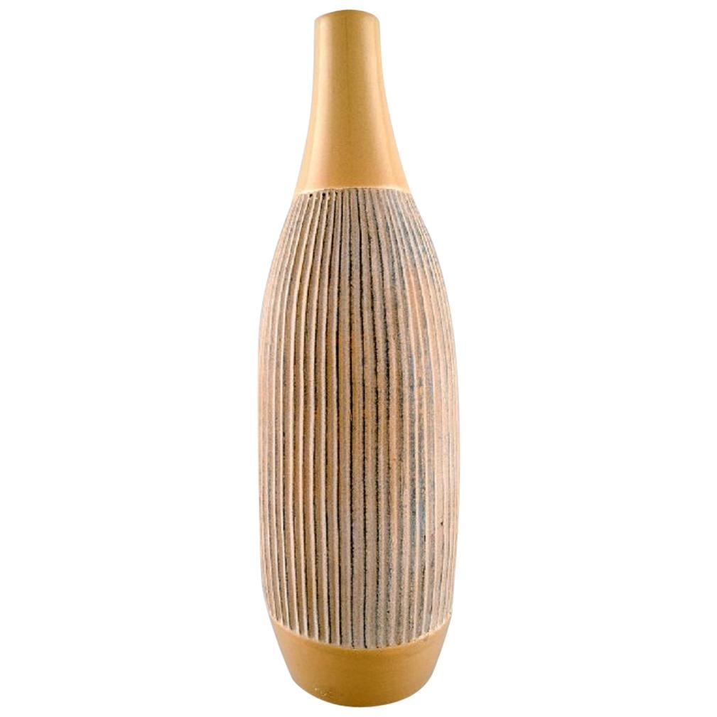 Scandinavian Ceramist, Large Vase in Glazed Ceramic with Grooved Body For Sale