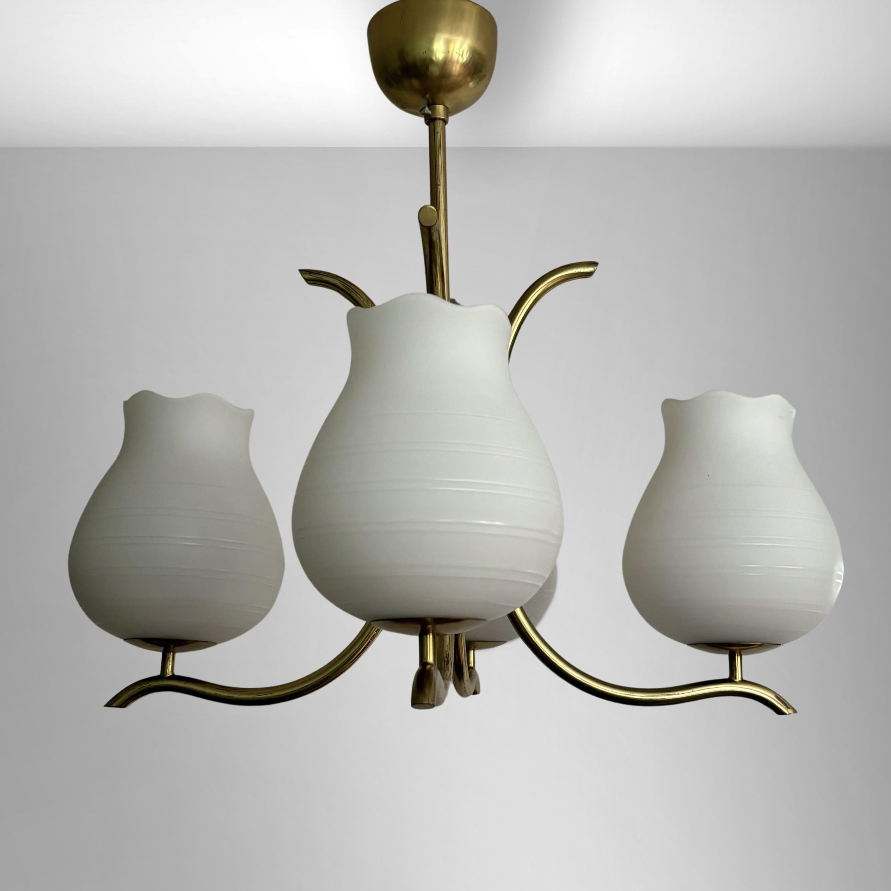 A graceful chandelier attributed to the Swedish manufacturer Arvid Böhlmarks Lampvarufabrik, 1940s. Crafted from polished brass with four curved arms, each holding a bell-shaped glass shade. The shades are decorated with subtle stripes. The fixture