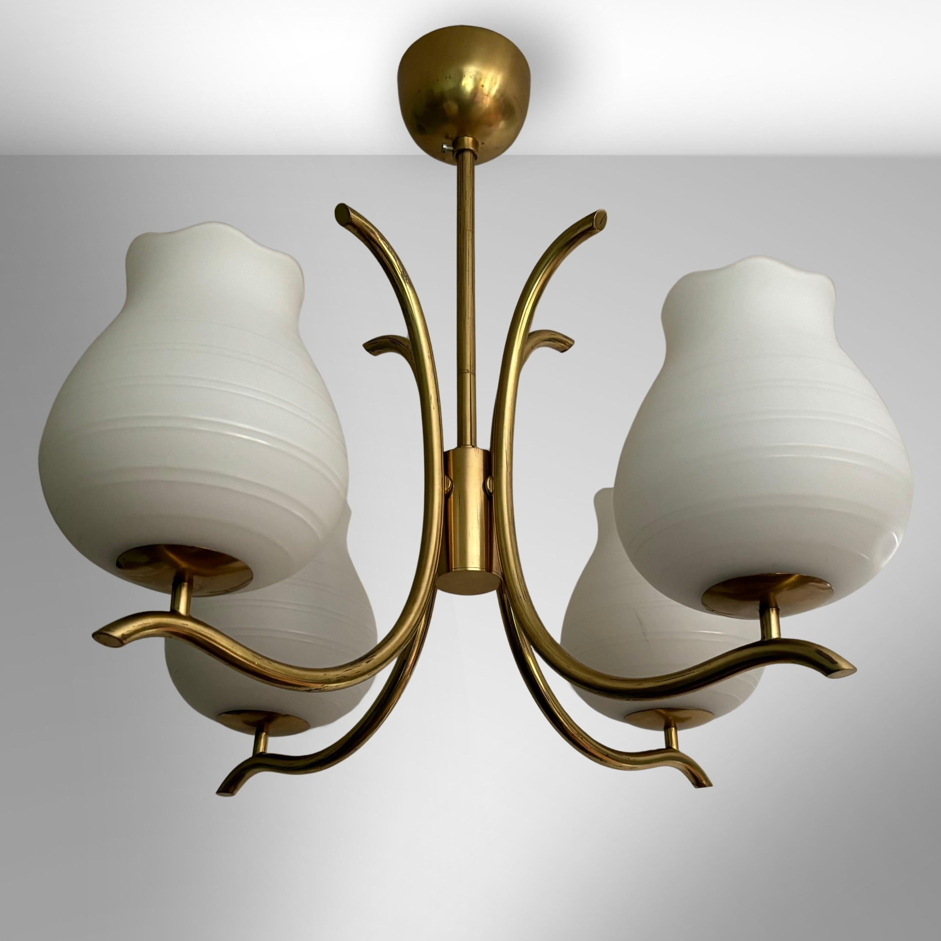 Swedish Scandinavian chandelier attributed to Böhlmarks, brass and glass, Sweden, 1940s