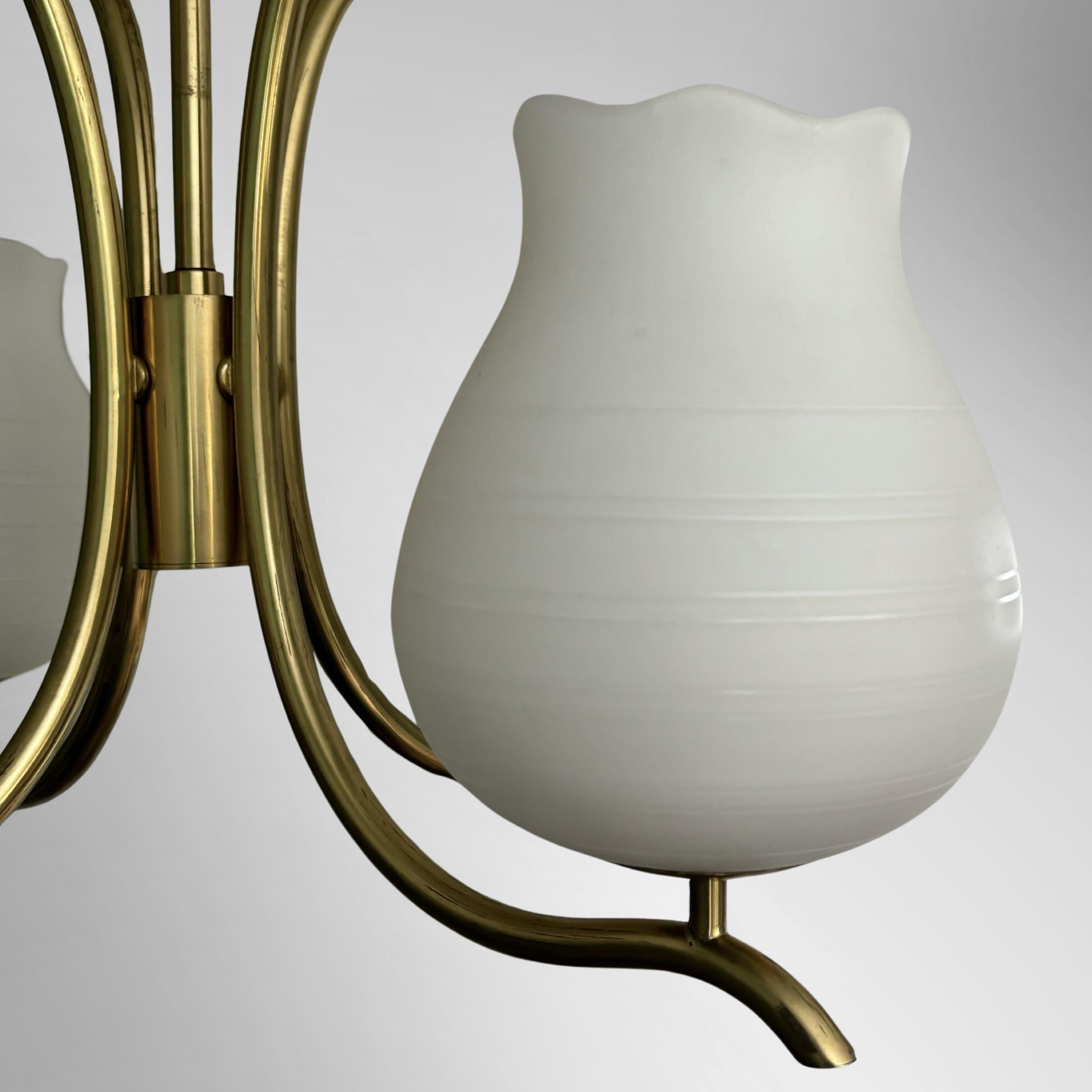 Mid-20th Century Scandinavian chandelier attributed to Böhlmarks, brass and glass, Sweden, 1940s
