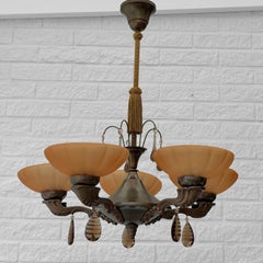 Lustre scandinave, cinq branches, laiton et verre « Havana », Suède, années 1930