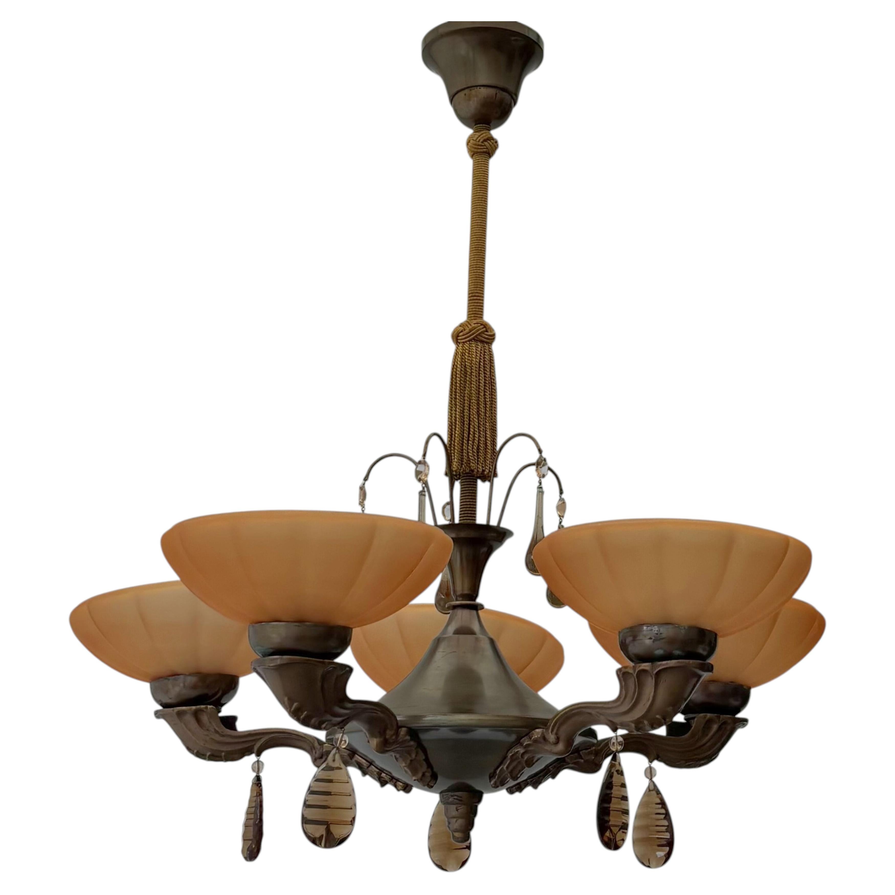 Lampadario scandinavo, a cinque bracci, in ottone e vetro Havana, Svezia, anni ’30 in vendita