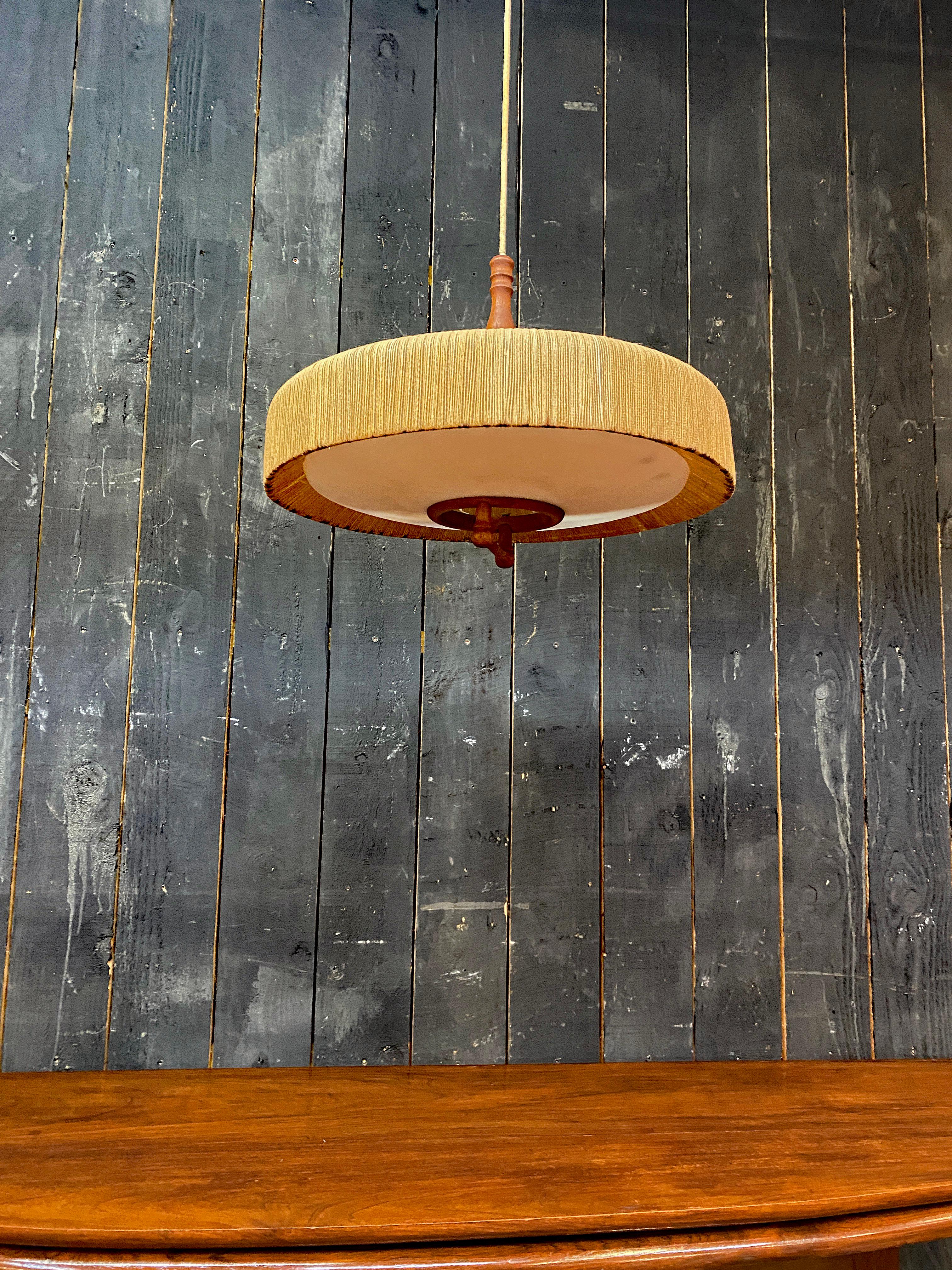Mid-20th Century Scandinavian chandelier, rises and falls, in teak and rope circa 1960  For Sale