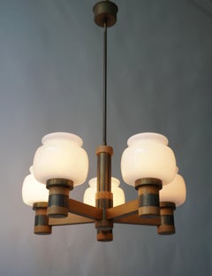 Scandinavian Chandelier with 5 Branches, Opaline, Wood and Brass, 1960