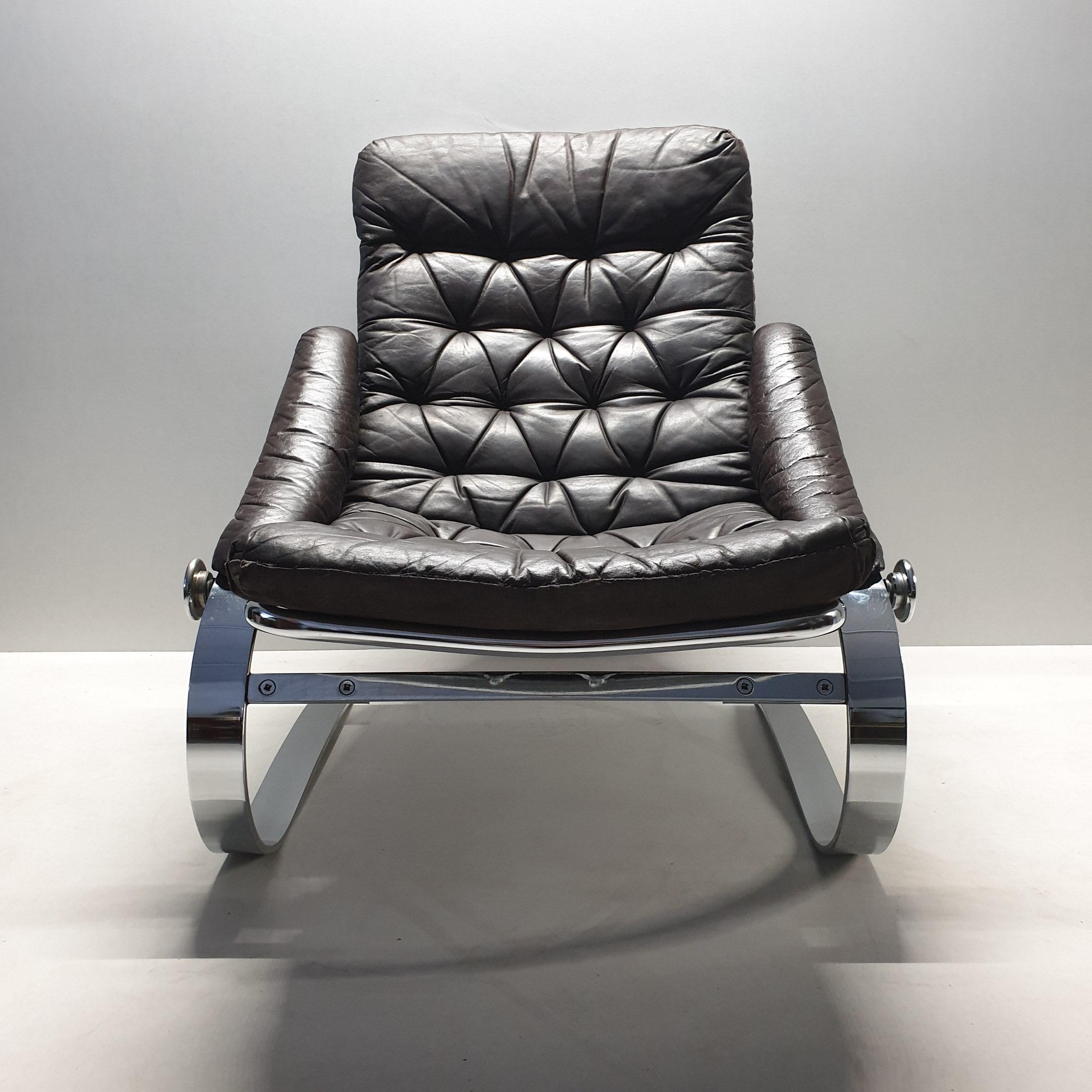Swedish Scandinavian Chrome Flat Steel and Leather Lounge Chair, 1970s For Sale