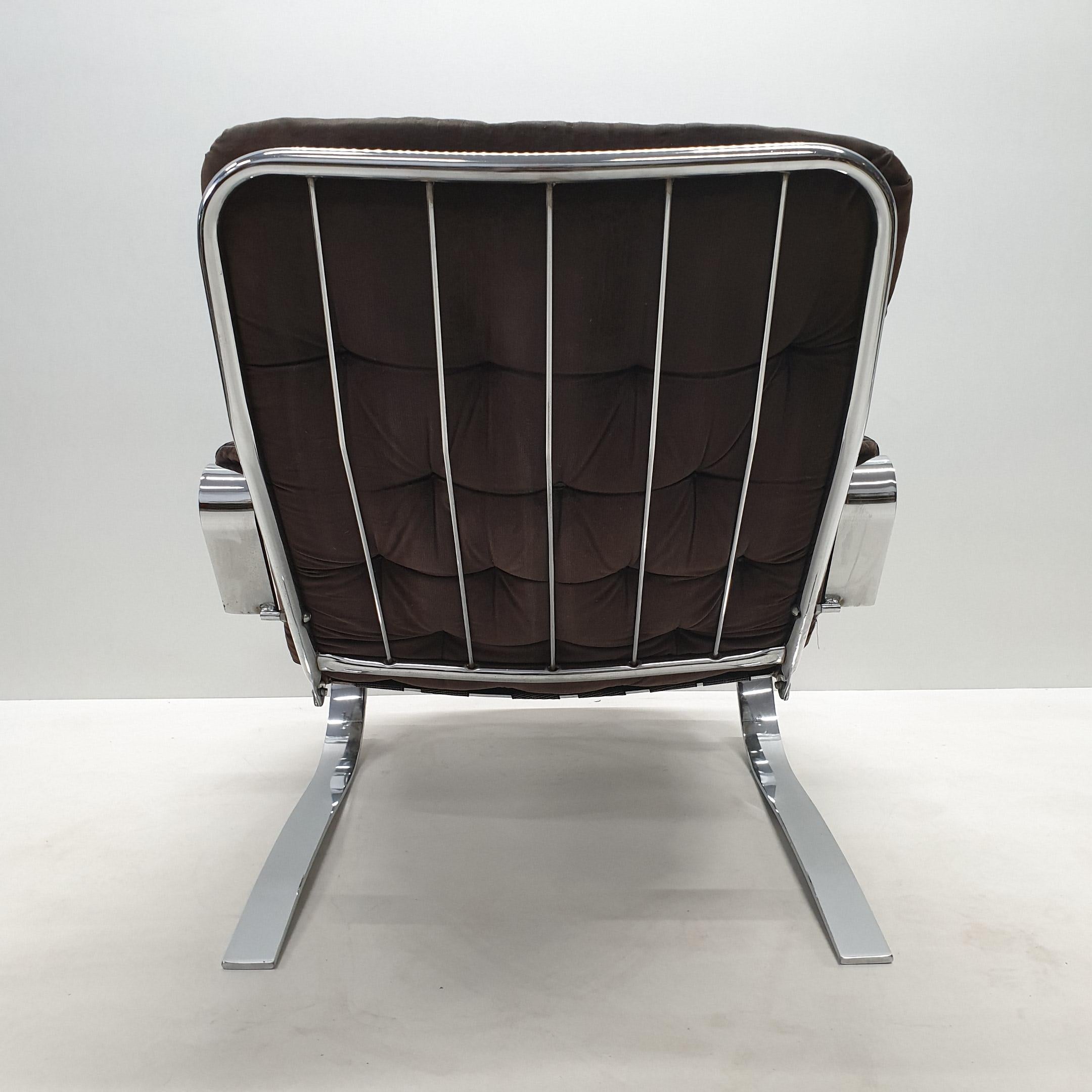 Scandinavian Chrome Flat Steel and Leather Lounge Chair, 1970s For Sale 2