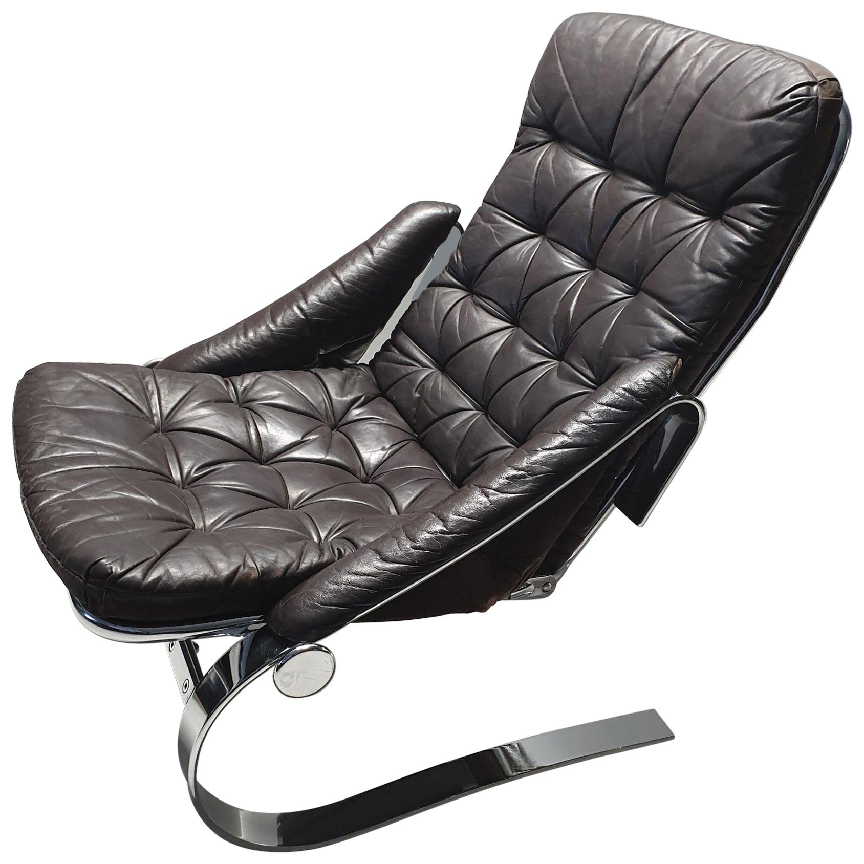 Scandinavian Chrome Flat Steel and Leather Lounge Chair, 1970s For Sale