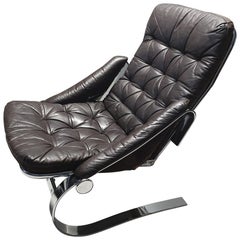 Scandinavian Chrome Flat Steel and Leather Lounge Chair, 1970s