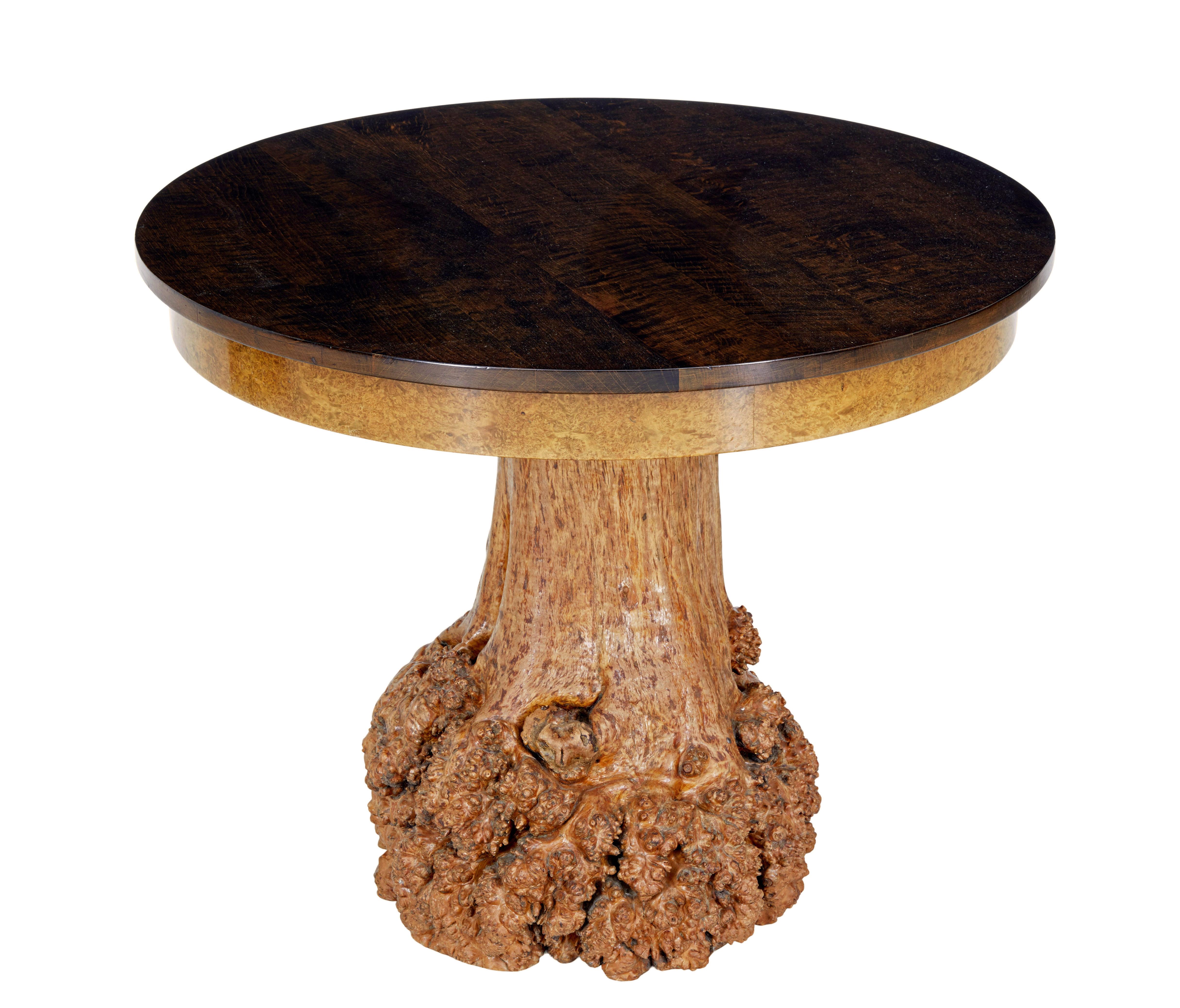Swedish Scandinavian circular occasional table with burr root base For Sale