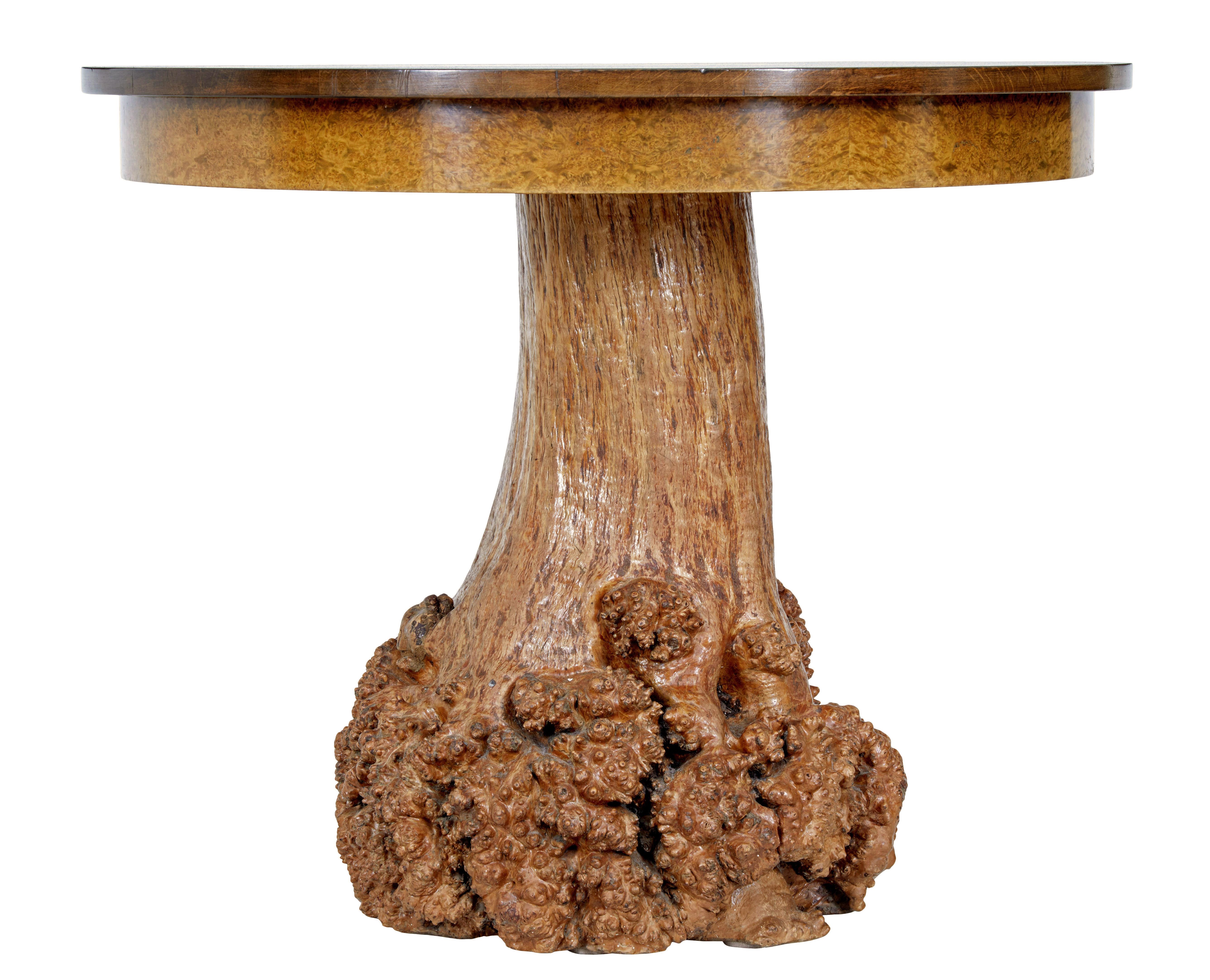 Hand-Carved Scandinavian circular occasional table with burr root base For Sale