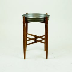 Scandinavian Circular Teak Side Table with Metal Tray Top by Poul Hundevad