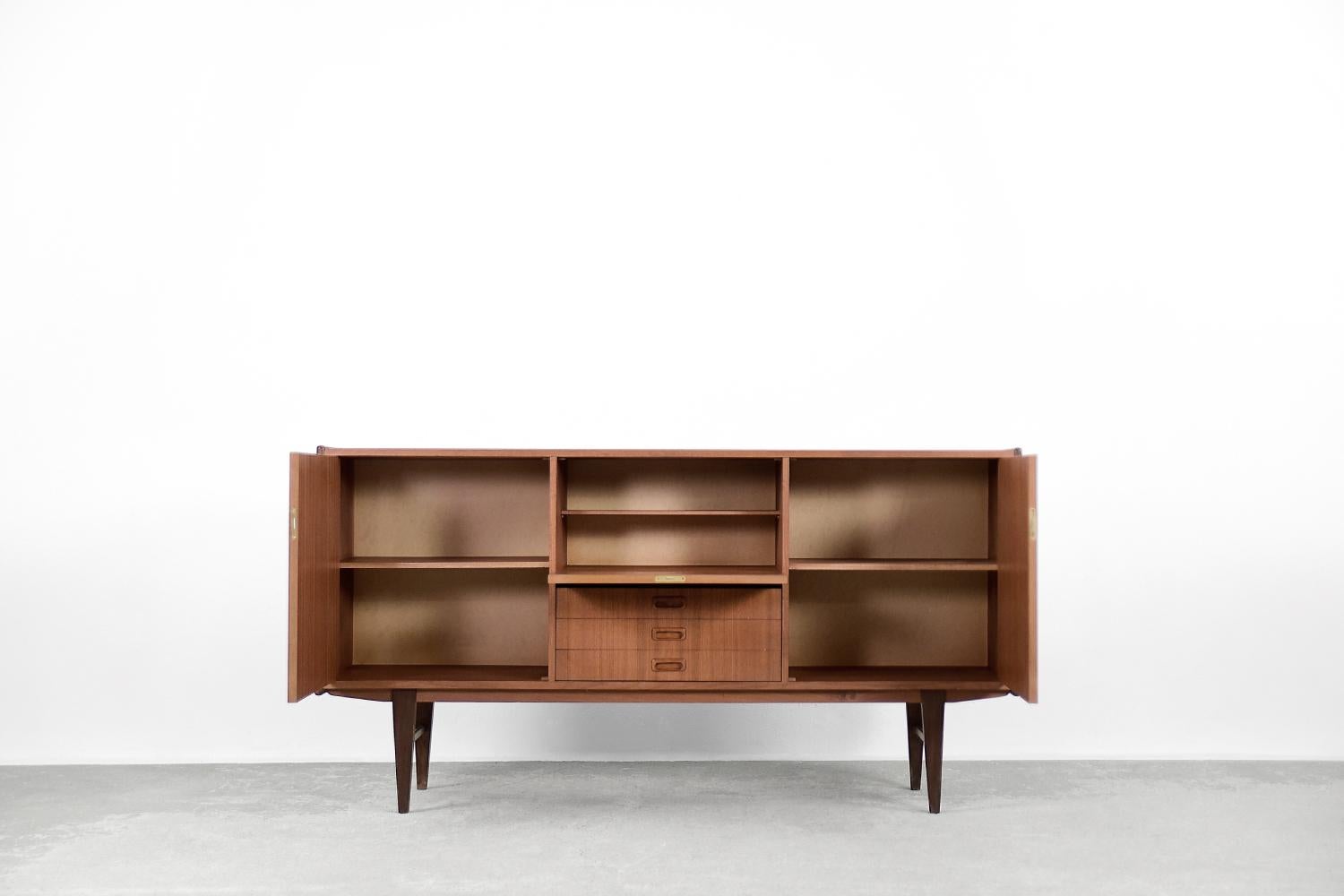 Mid-20th Century Vintage Scandinavian Modern Classic Teak Wood High Sideboard with Drawers, 1960s For Sale