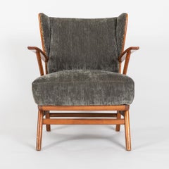 Mid-Century Scandinavian Club Armchair in hardwood and grey fabric, 1970