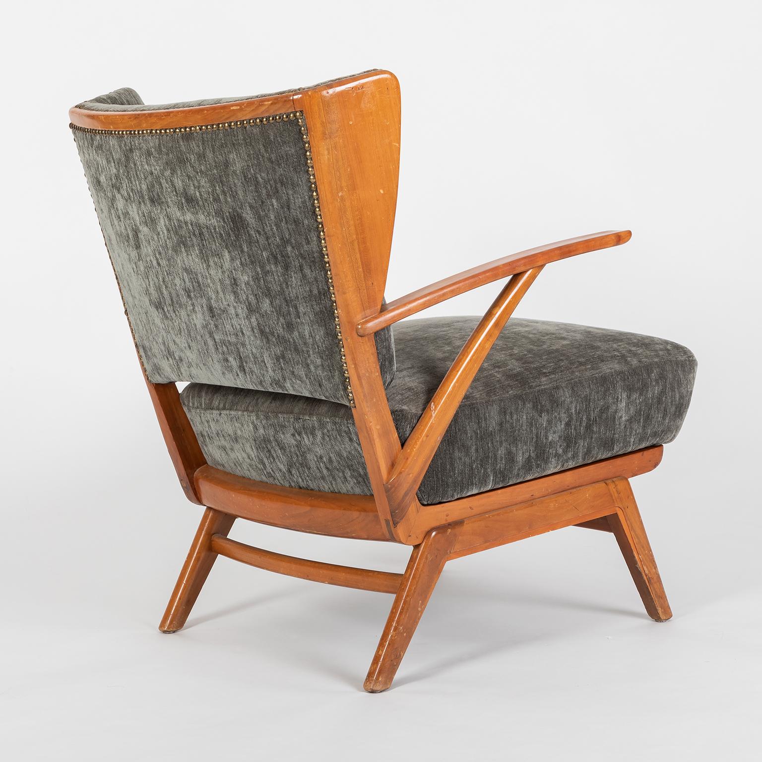 Upholstery Mid-Century Scandinavian Club Armchair in hardwood and grey fabric, 1970 For Sale